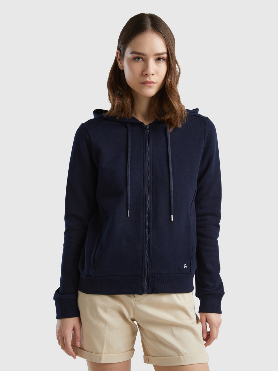 Benetton, 100% Cotton Sweatshirt With Zip And Hood, Dark Blue, Women