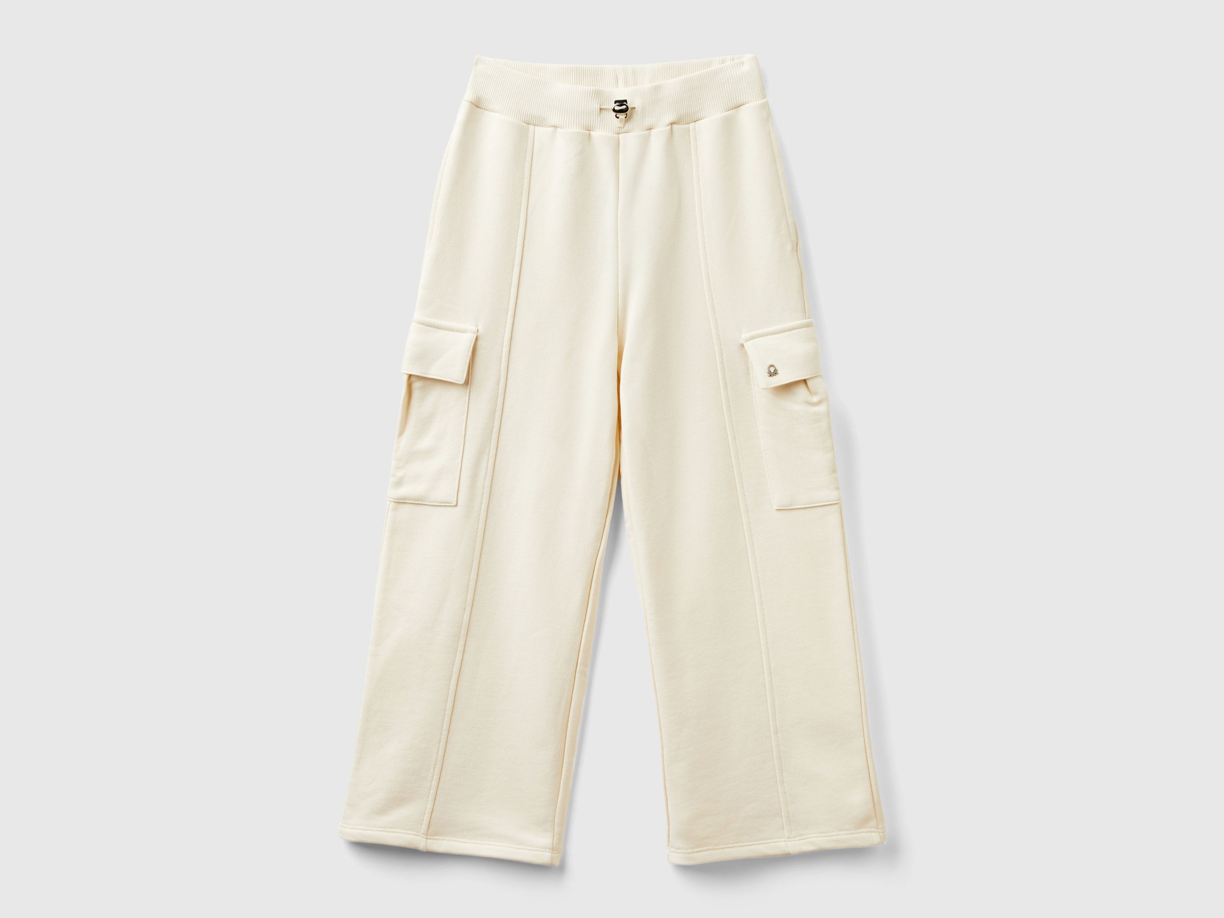 Benetton, Pantaloni Cargo Wide Fit, Bianco Panna, Bambini