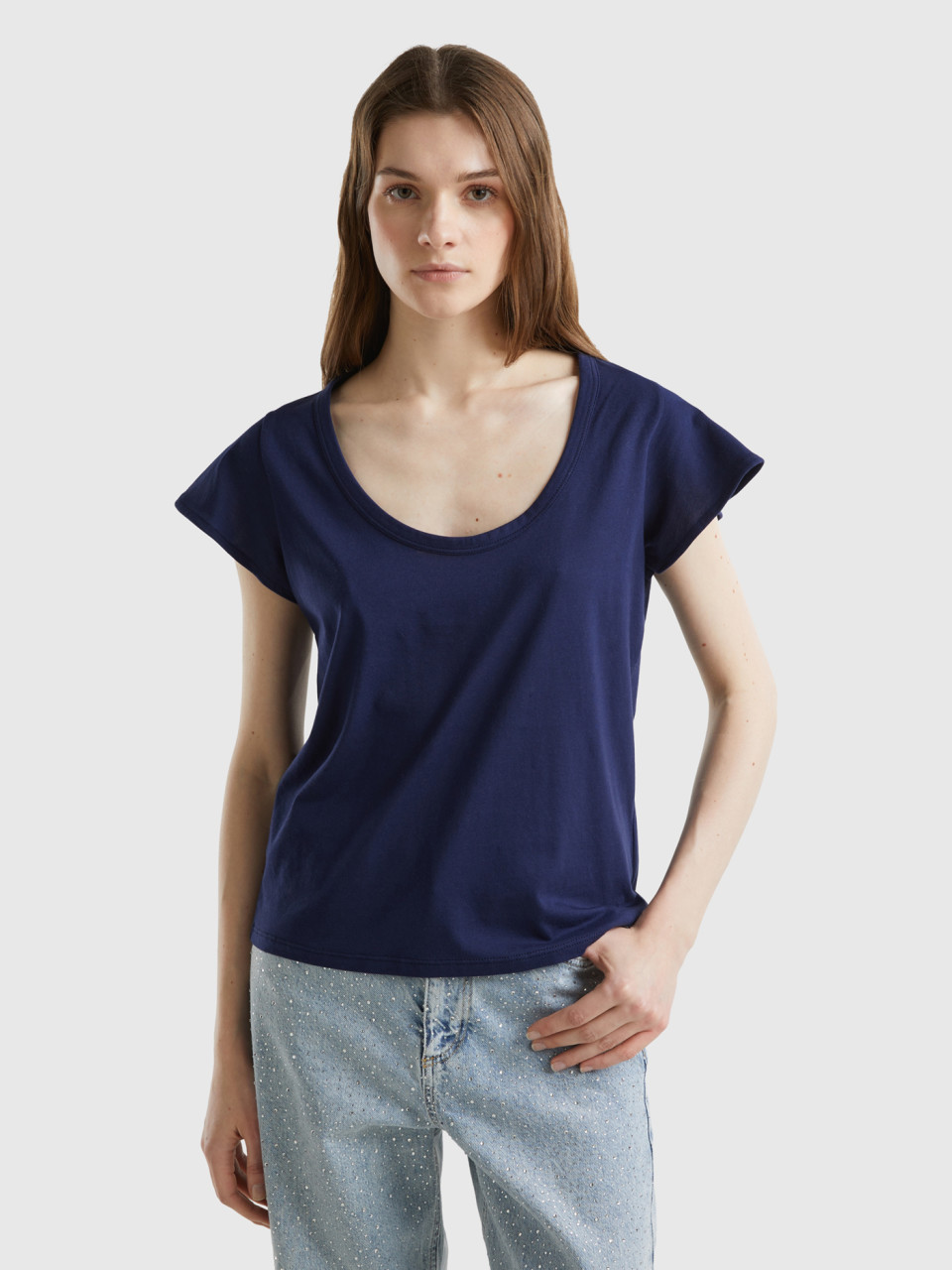 Benetton, T-shirt With Wide Neck, Dark Blue, Women