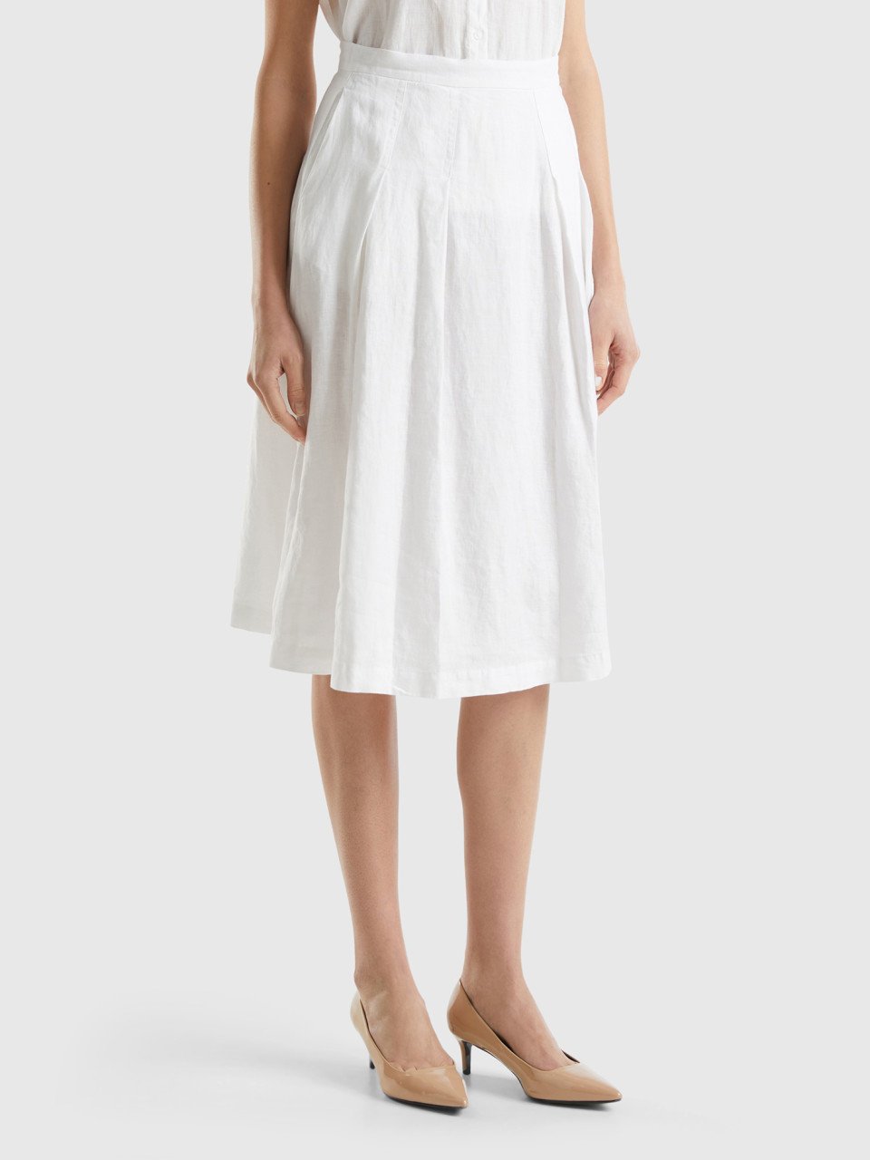 Benetton, Midi Skirt In Pure Linen, White, Women