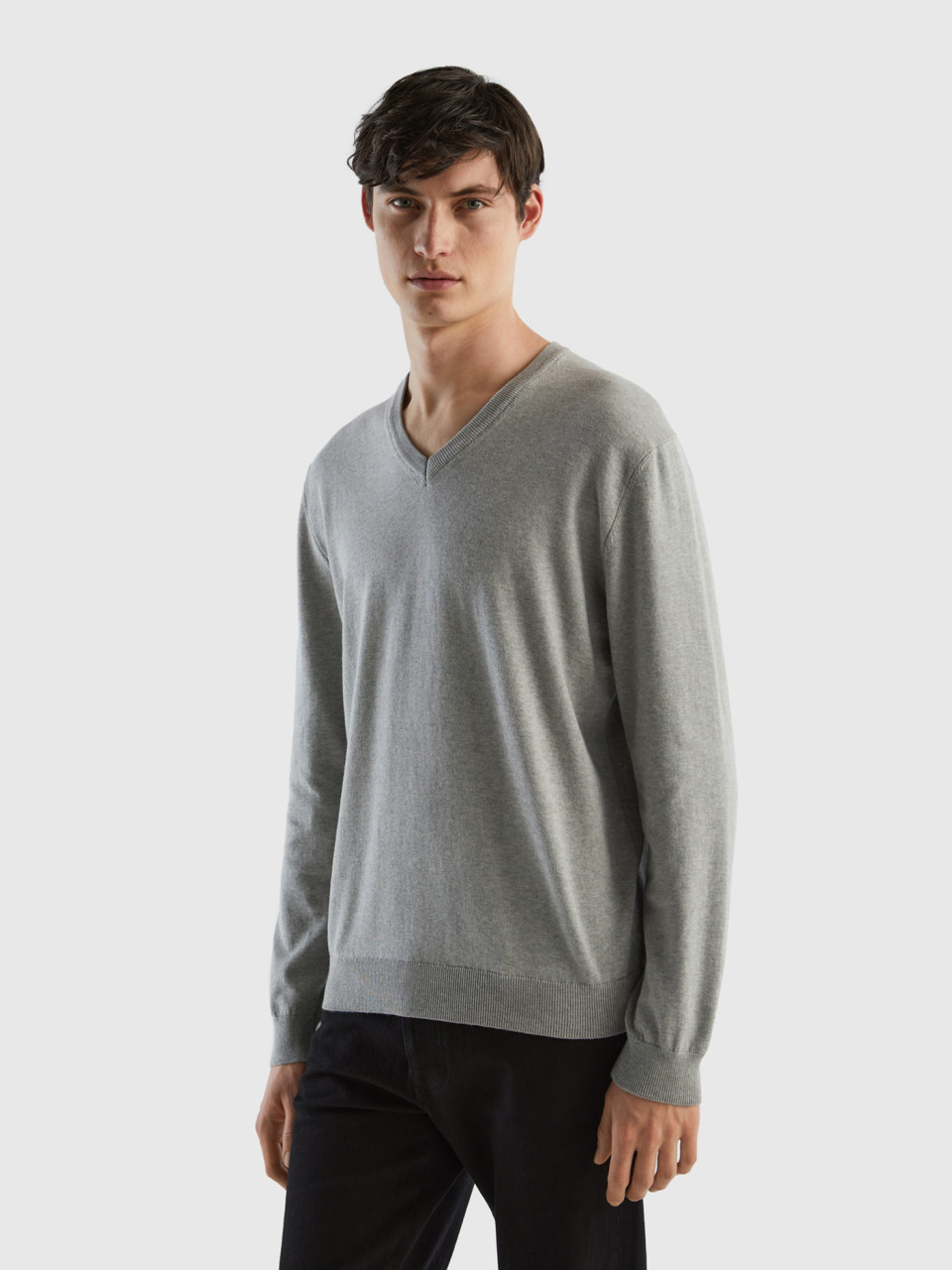 Benetton, V-neck Sweater In Pure Cotton, Light Gray, Men