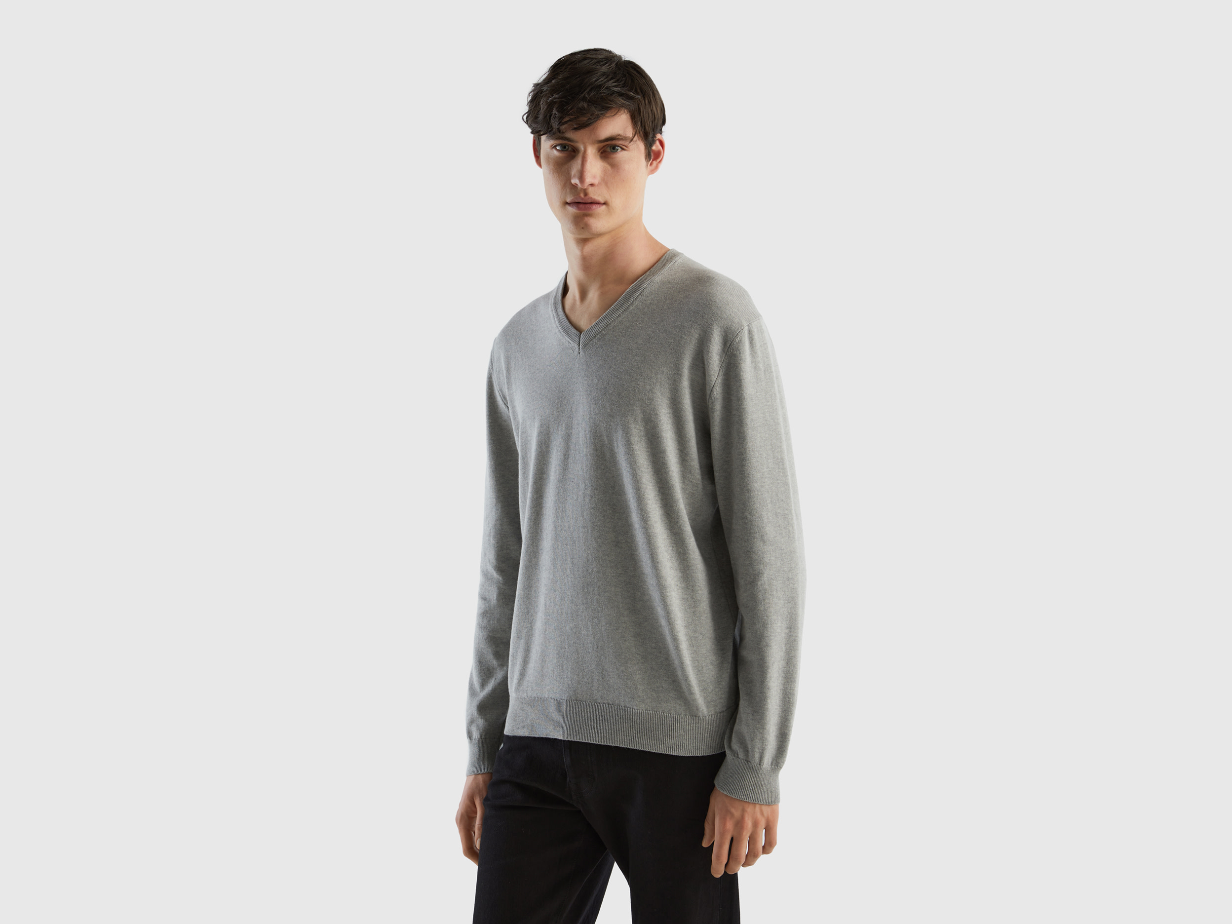 Benetton, V-neck Sweater In Pure Cotton, size M, Light Gray, Men