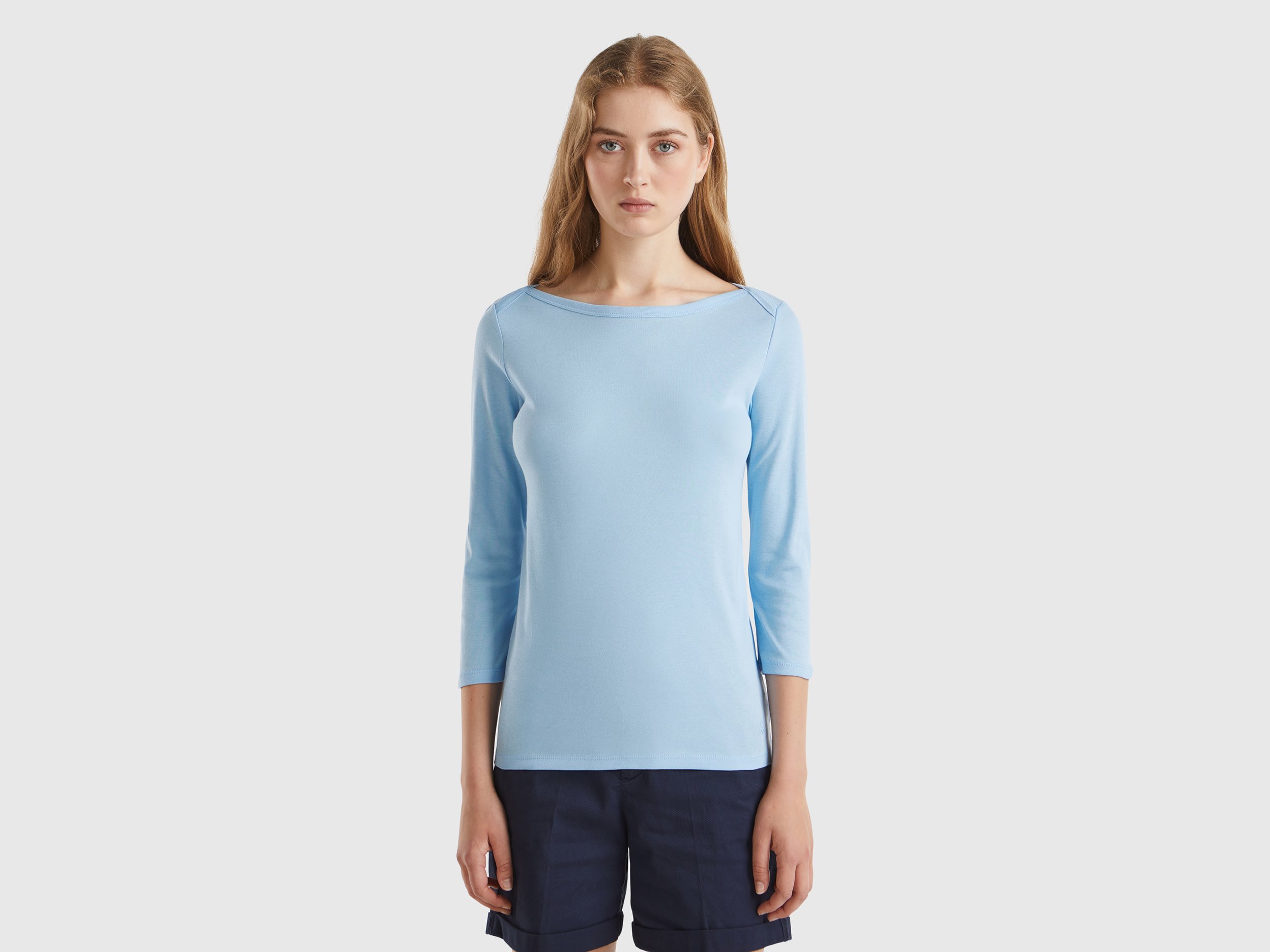 Benetton, T-shirt Con Scollo A Barchetta 100% Cotone, Azzurro, Donna