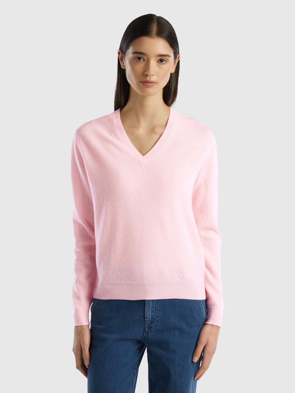 Benetton, Light Pink V-neck Sweater In Pure Merino Wool, Soft Pink, Women