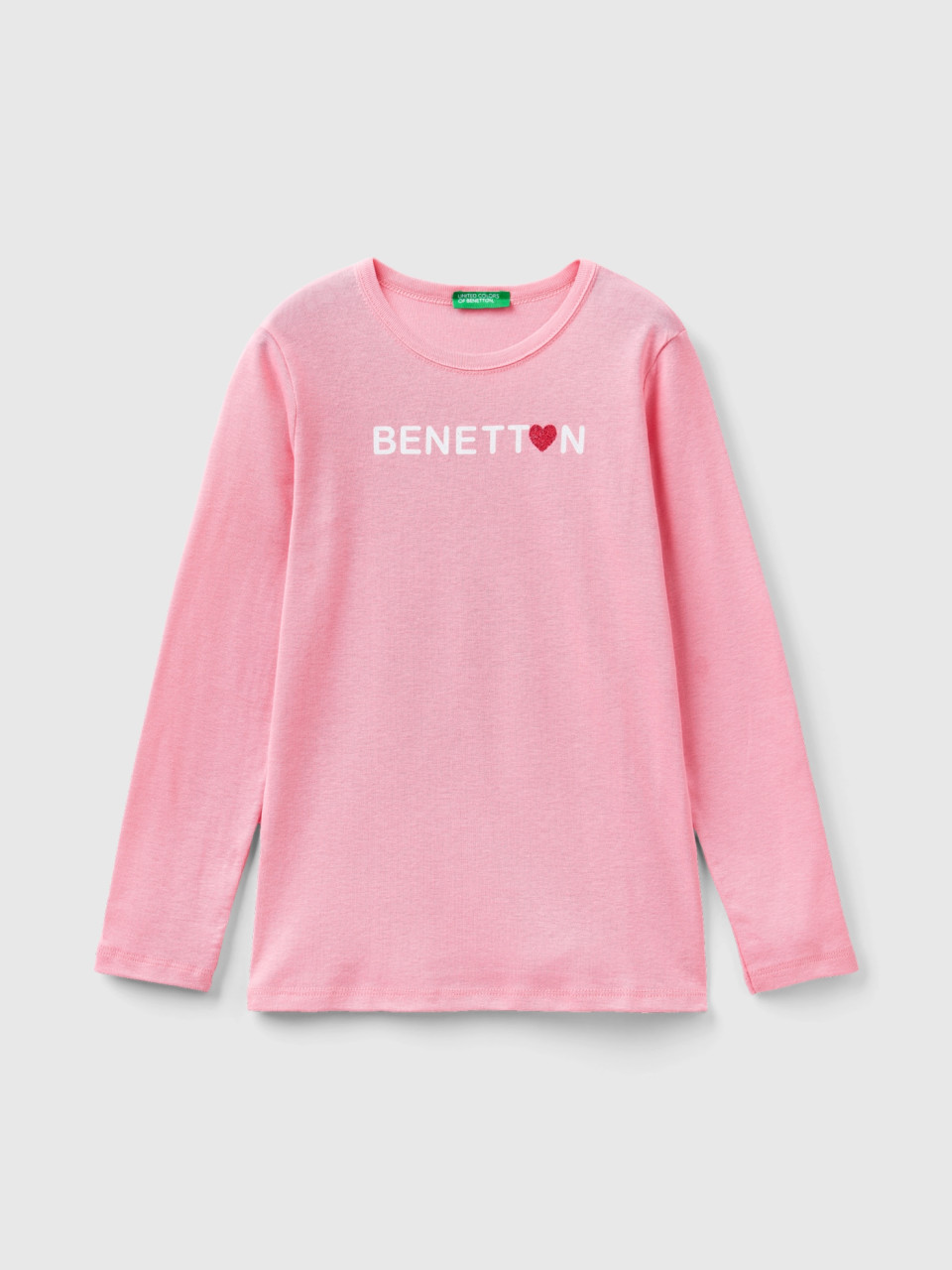 Benetton, Camiseta De Manga Larga Con Estampado De Glitter, Rosa, Niños
