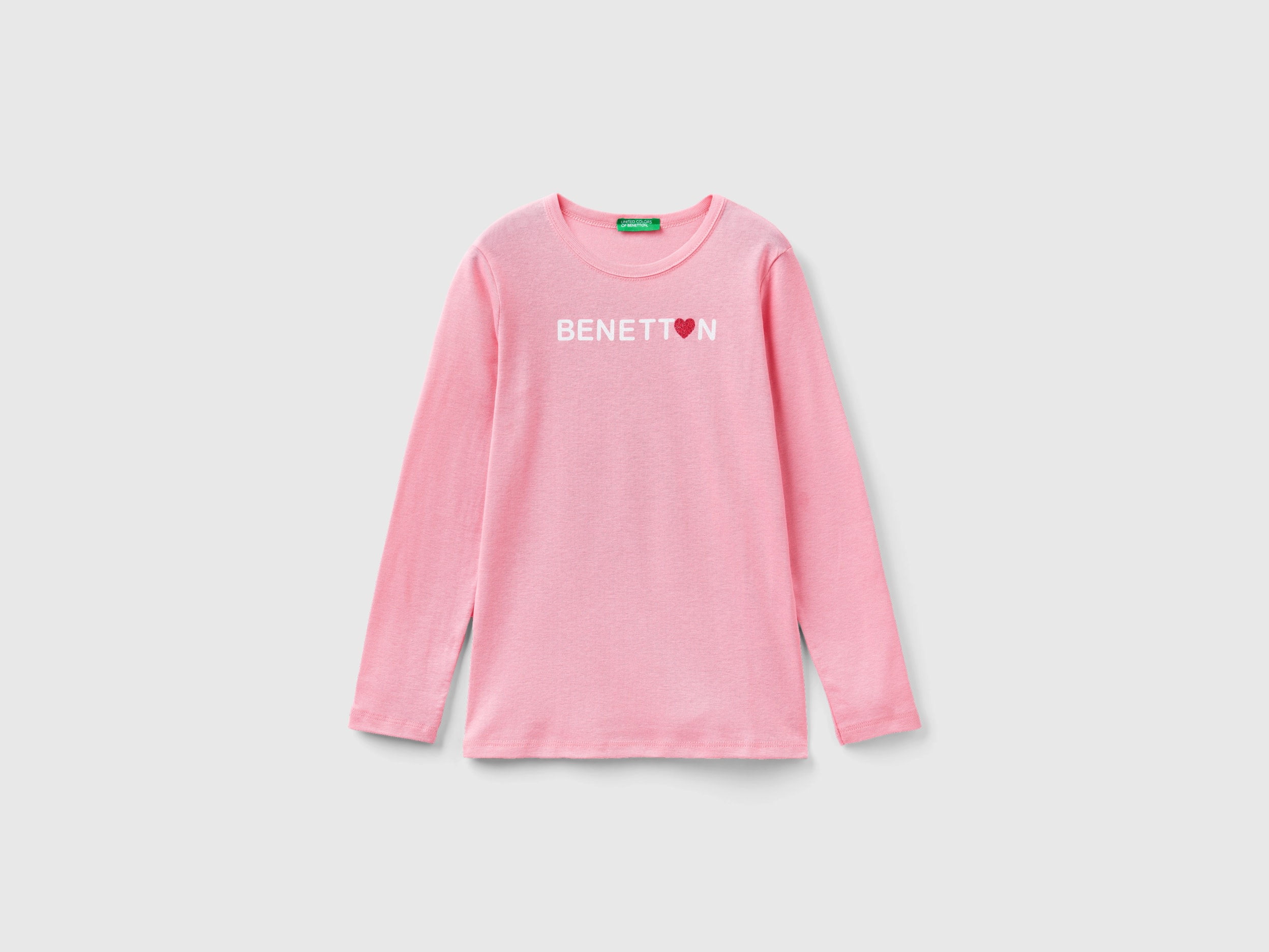 Image of Benetton, Long Sleeve T-shirt With Glitter Print, size M, Pink, Kids