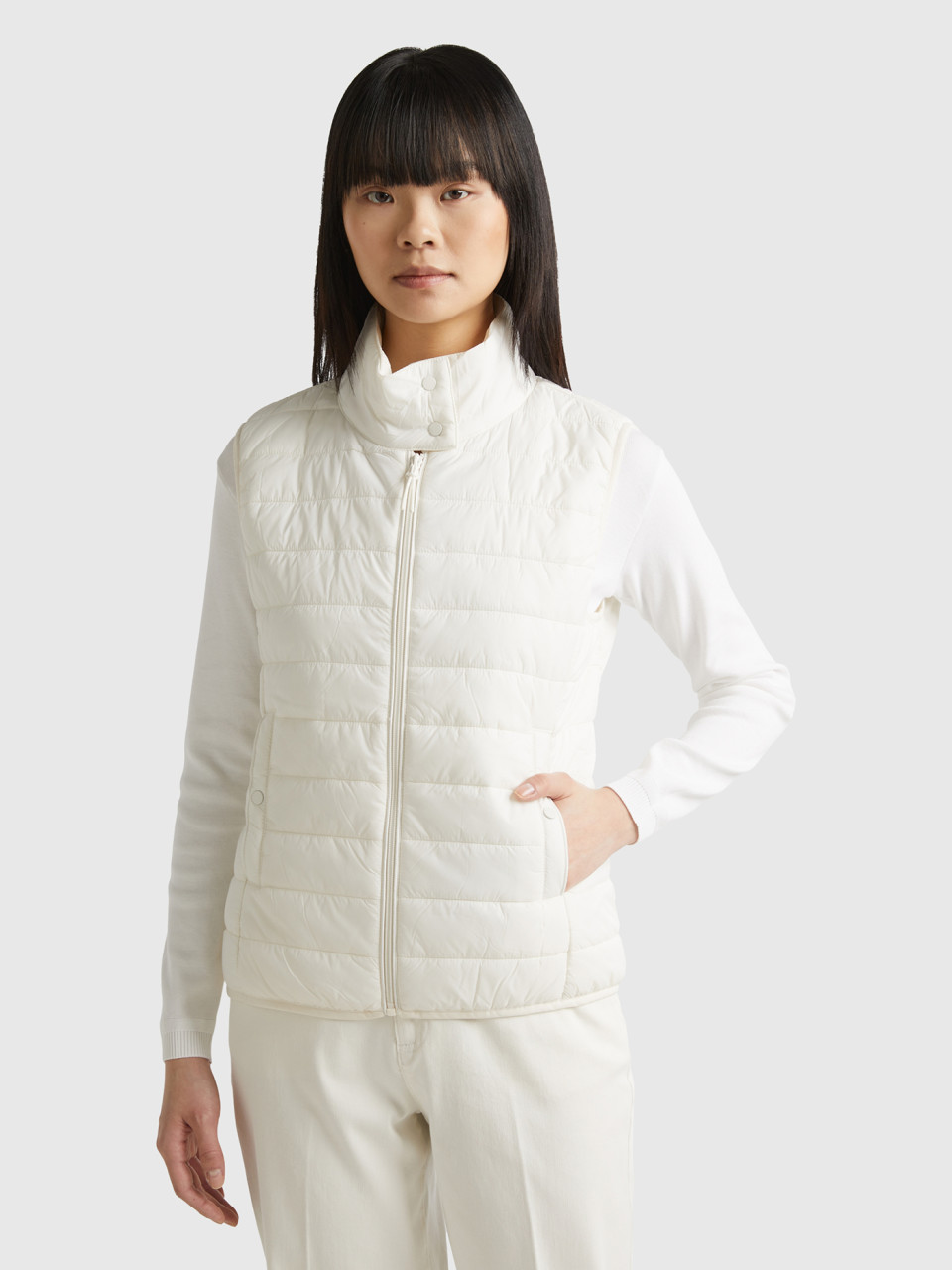 Benetton, Sleeveless Puffer Jacket With Recycled Wadding, Creamy White, Women