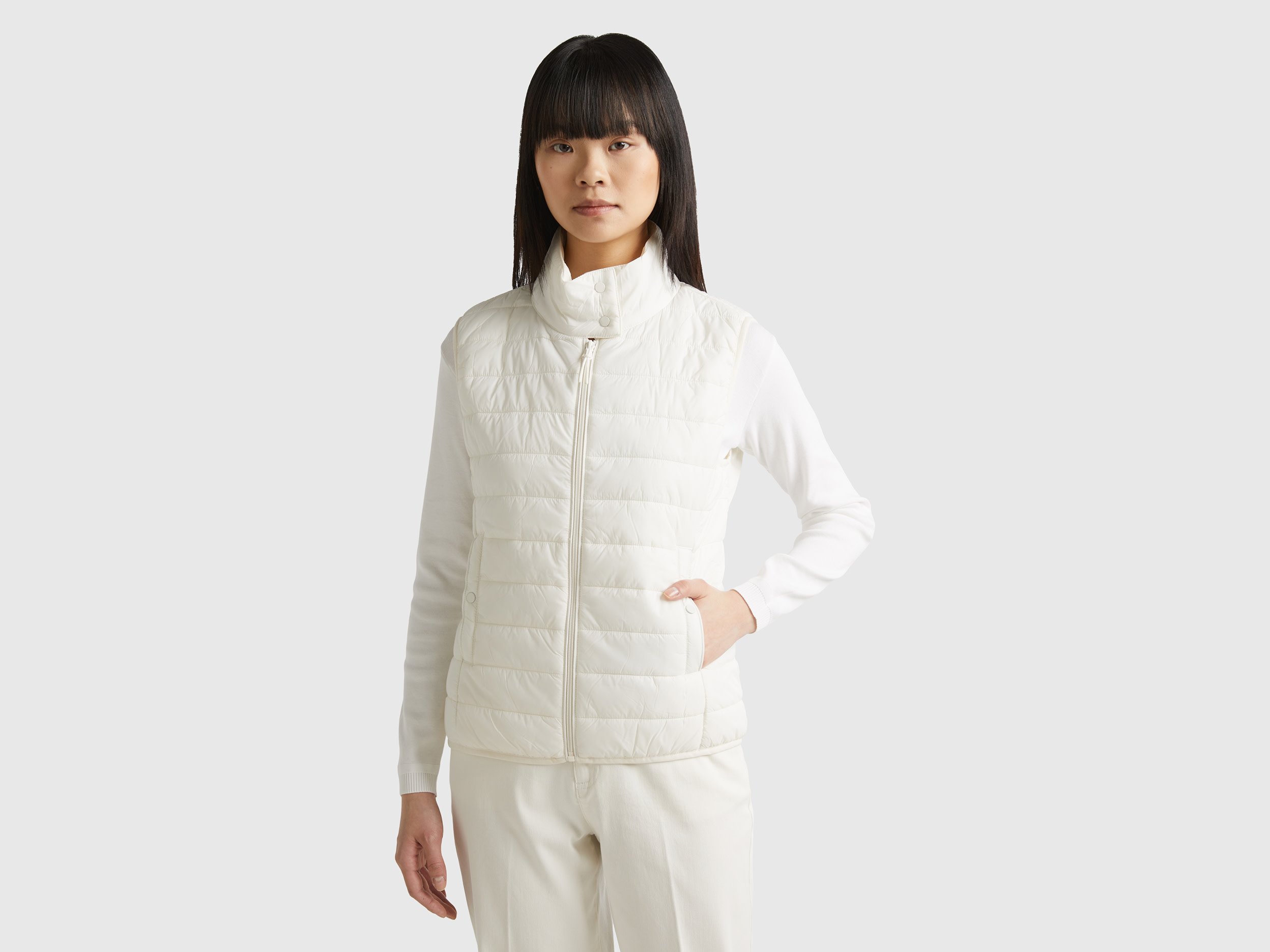 Image of Benetton, Sleeveless Puffer Jacket With Recycled Wadding, size M, Creamy White, Women