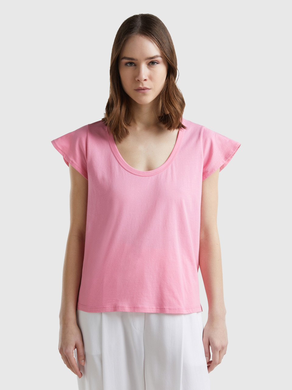 Benetton, T-shirt With Wide Neck, Pink, Women