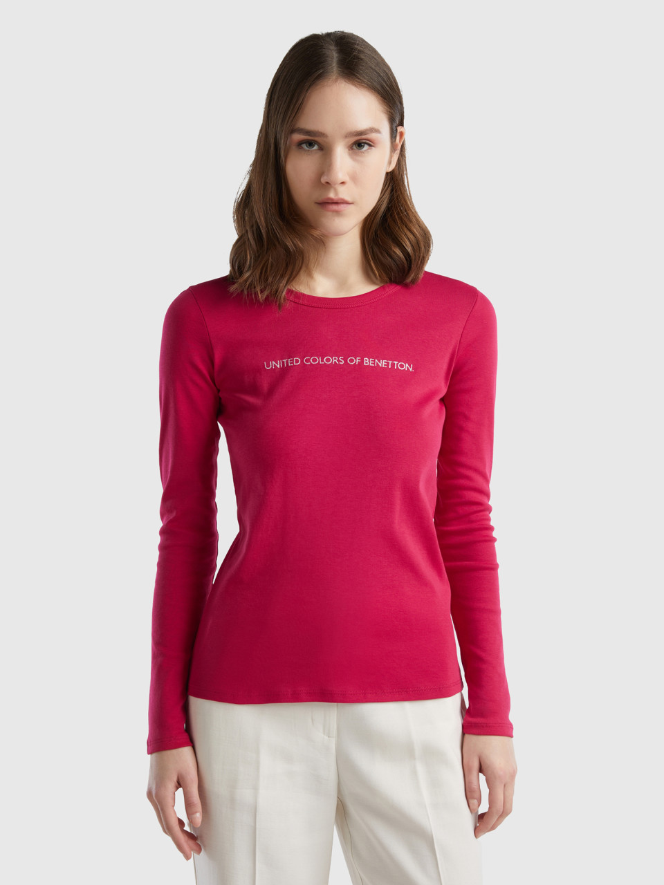 Benetton, Cherry Red 100% Cotton Long Sleeve T-shirt, Cyclamen, Women