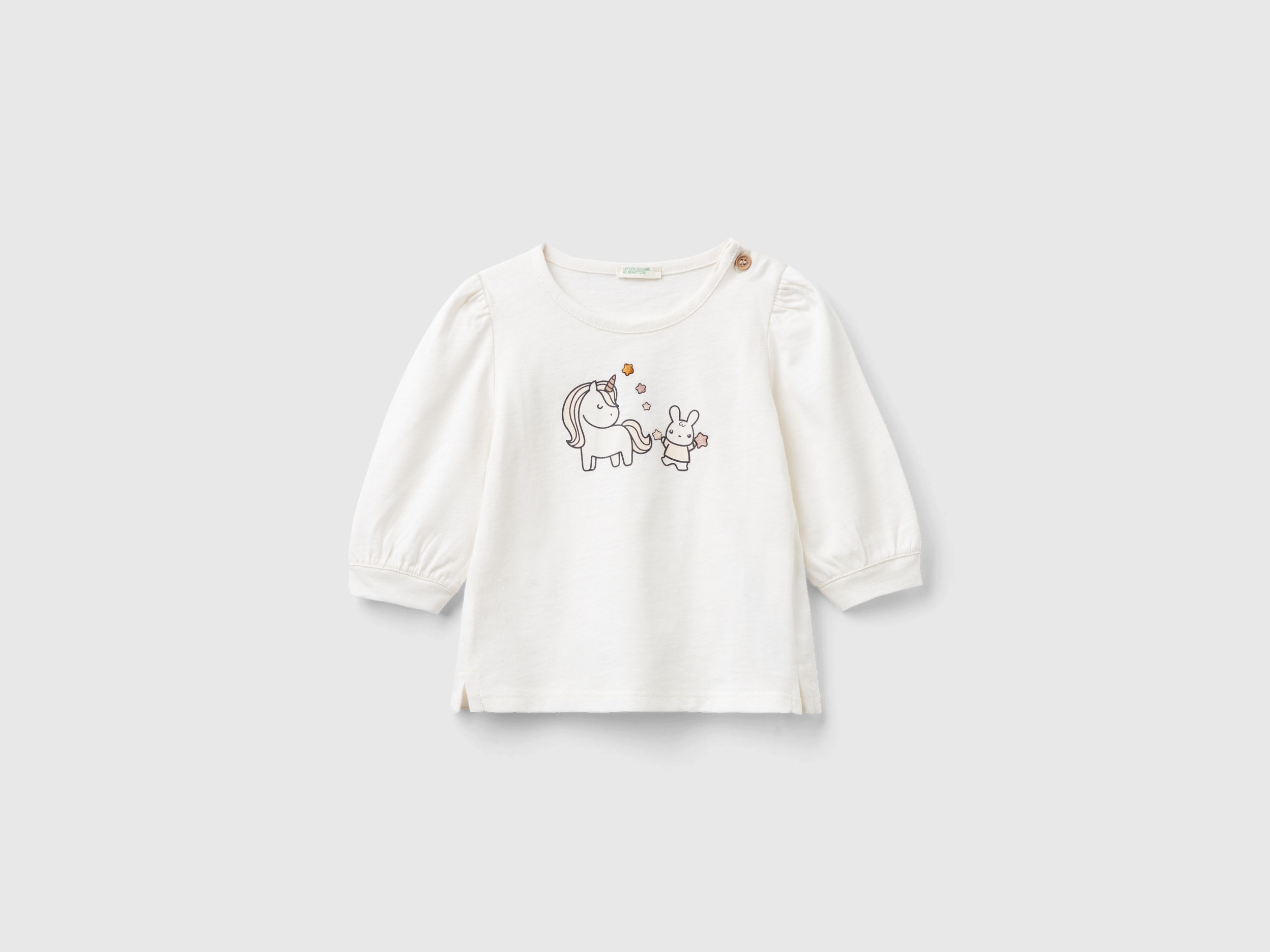 Image of Benetton, Long Sleeve Organic Cotton T-shirt, size 56, Creamy White, Kids