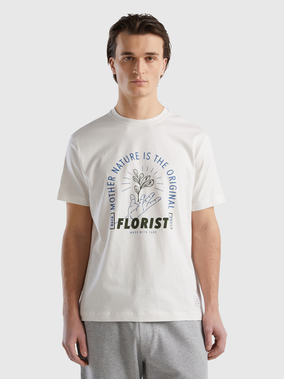 Benetton, Camiseta De 100 % Algodón Orgánico, Blanco Crema, Hombre