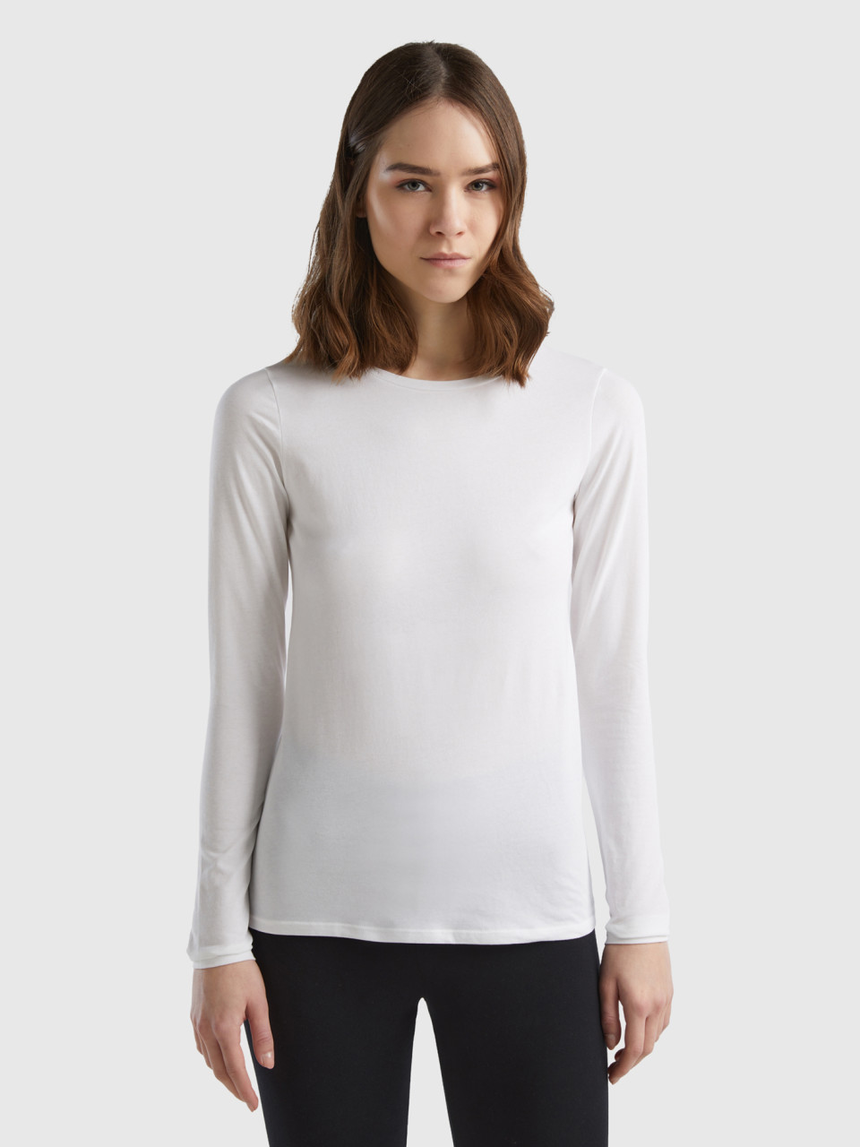Benetton, Long Sleeve Super Stretch T-shirt, White, Women