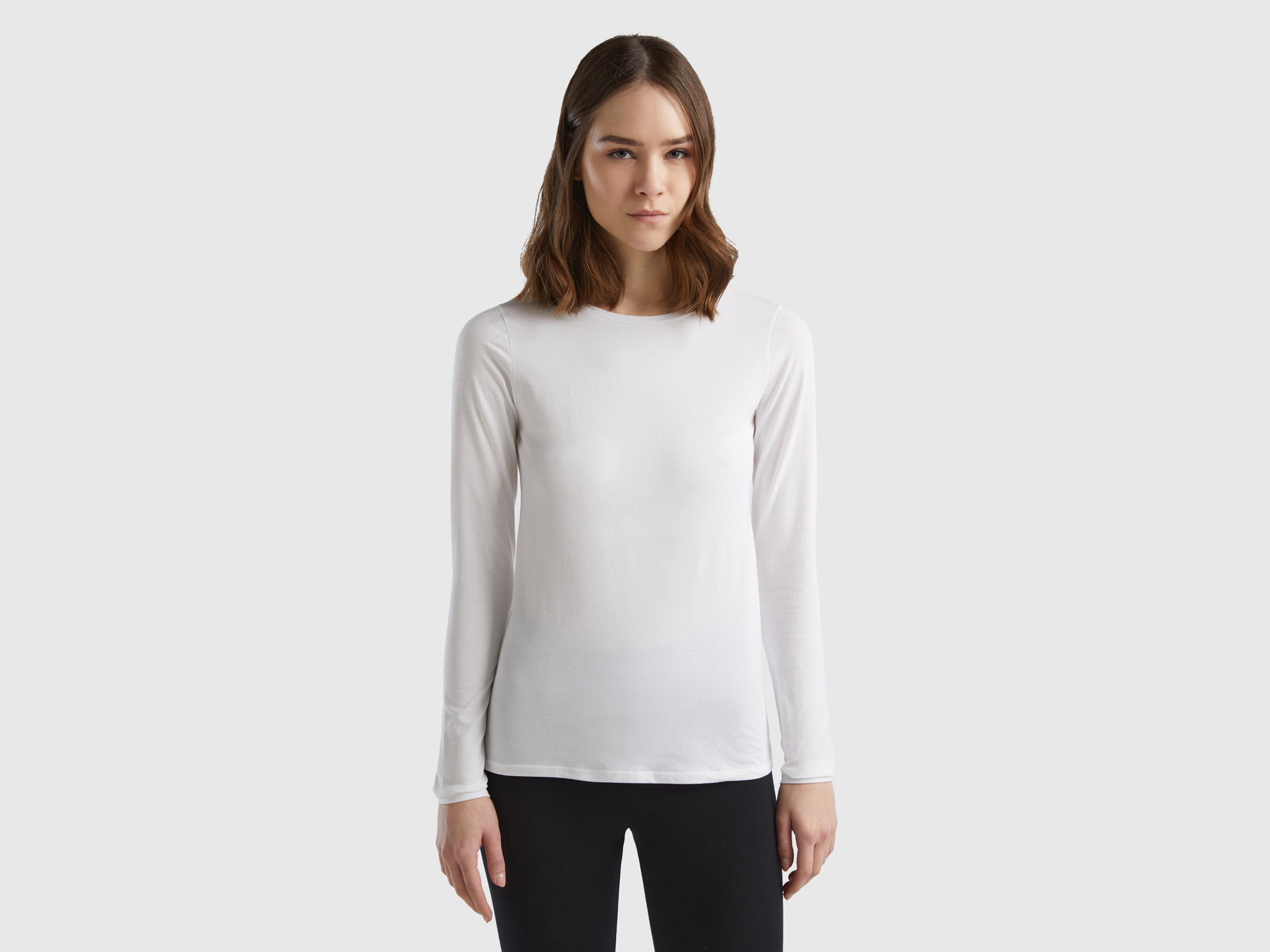 Image of Benetton, Long Sleeve Super Stretch T-shirt, size L, White, Women