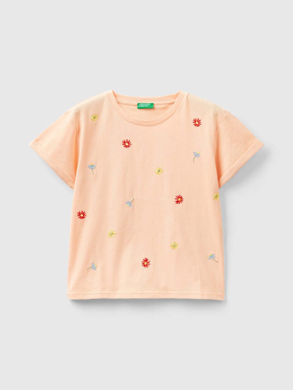 Benetton, T-shirt With Embroidered Flowers, Peach, Kids