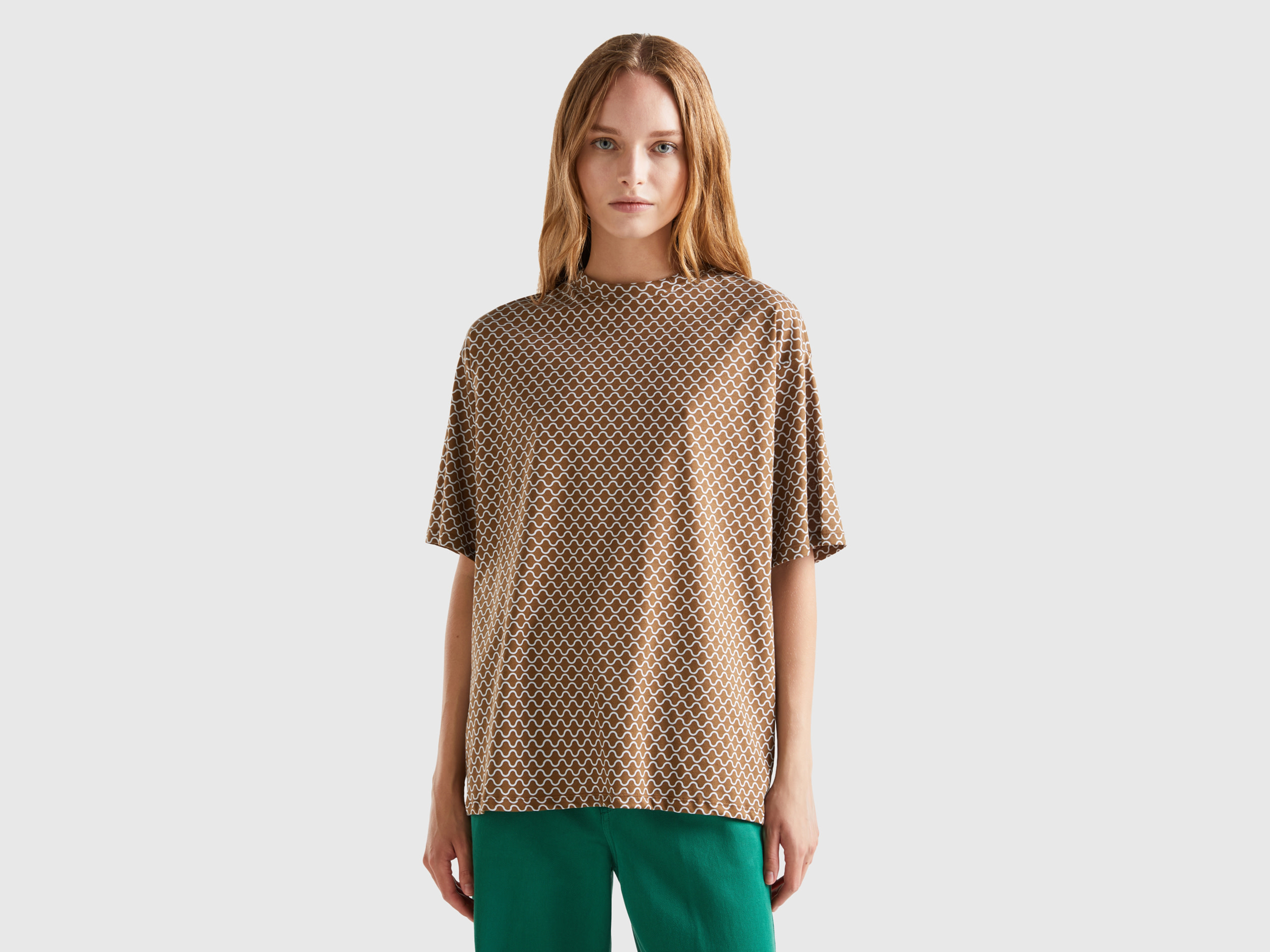 Benetton, T-shirt With Wavy Print, size XS, Brown, Women