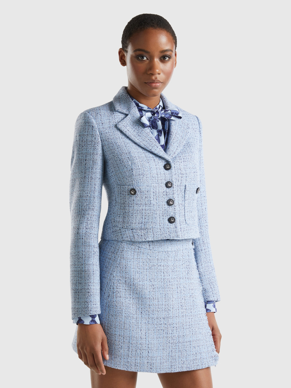Benetton, Cropped Tweed Blazer, Light Blue, Women
