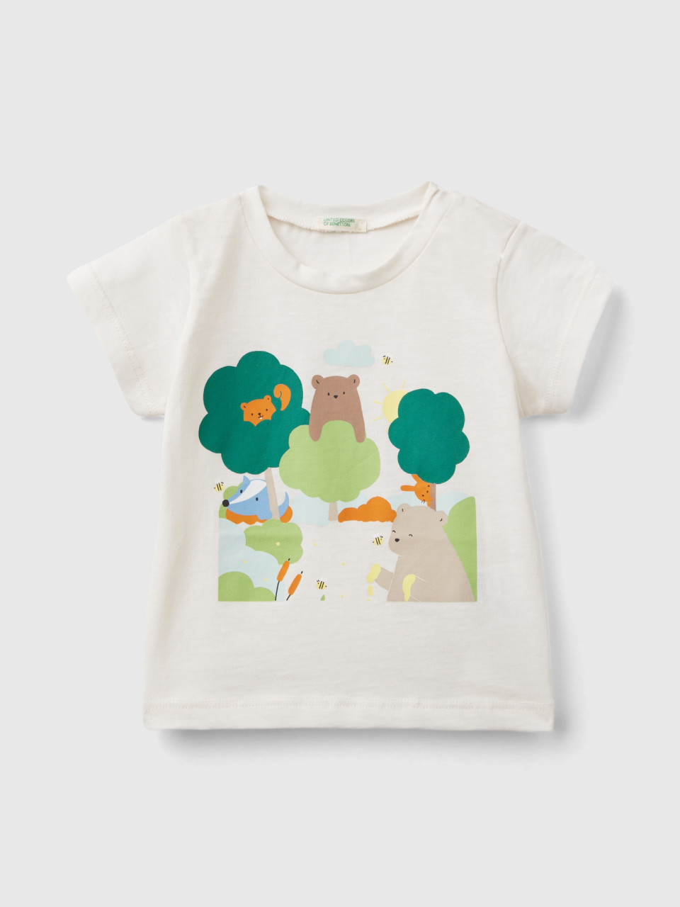 Benetton, Camiseta De Algodón Orgánico Con Estampado, Blanco Crema, Niños