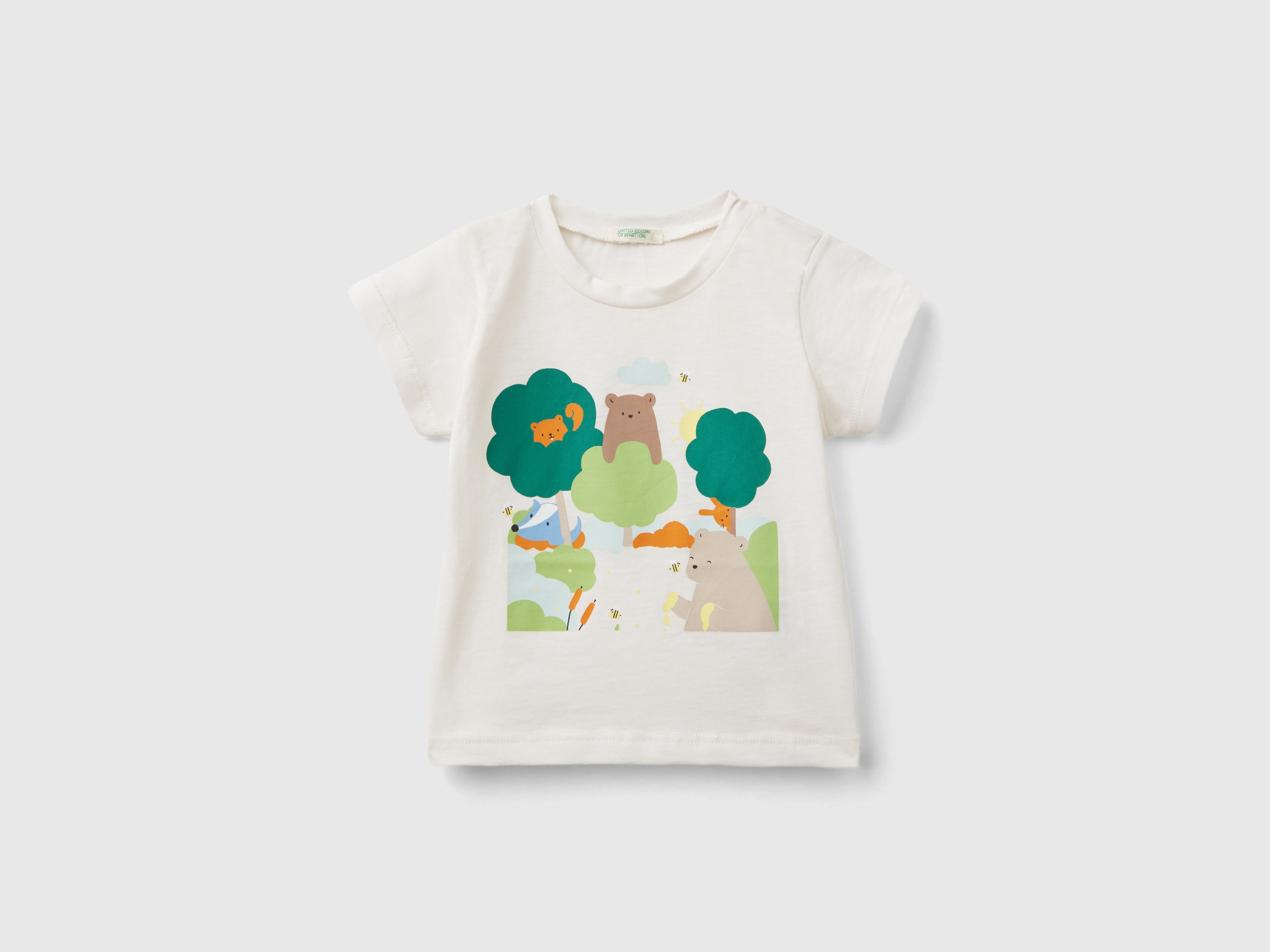 Benetton, T-shirt In Organic Cotton With Print, size 1-3, Creamy White, Kids