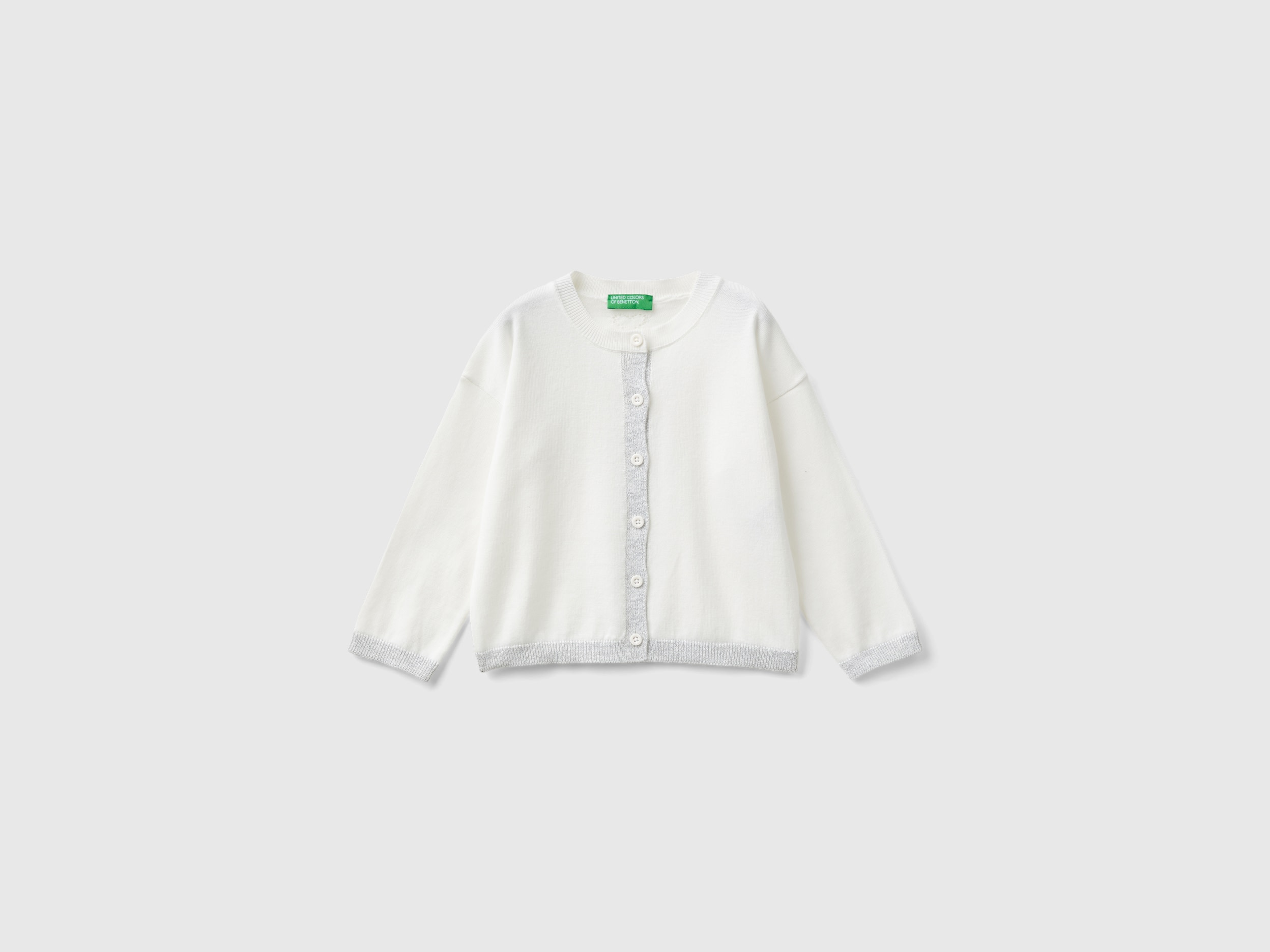 Benetton, Cardigan Con Lurex In Puro Cotone, Bianco Panna, Bambini