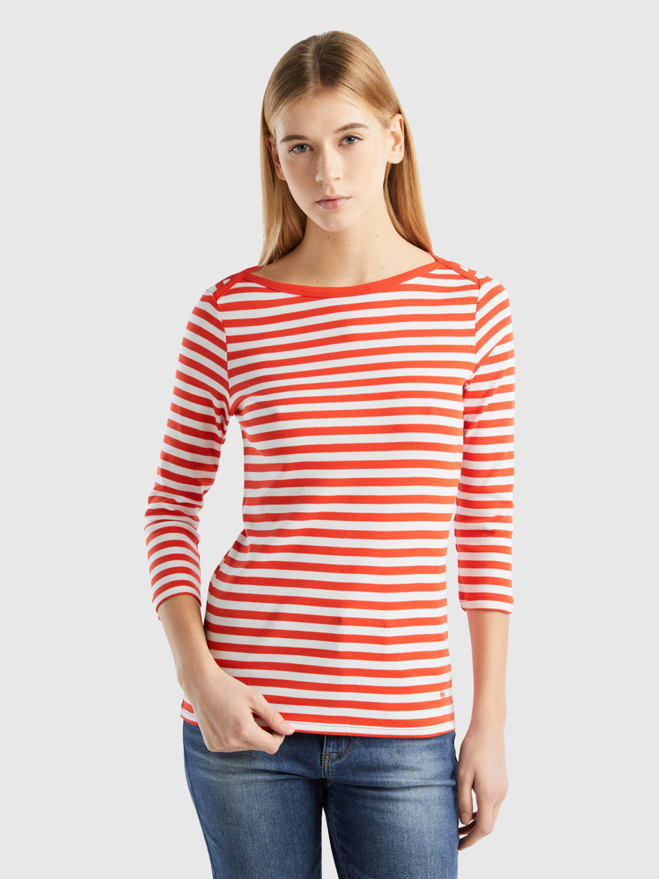Benetton, Striped 3/4 Sleeve T-shirt In 100% Cotton, , Women