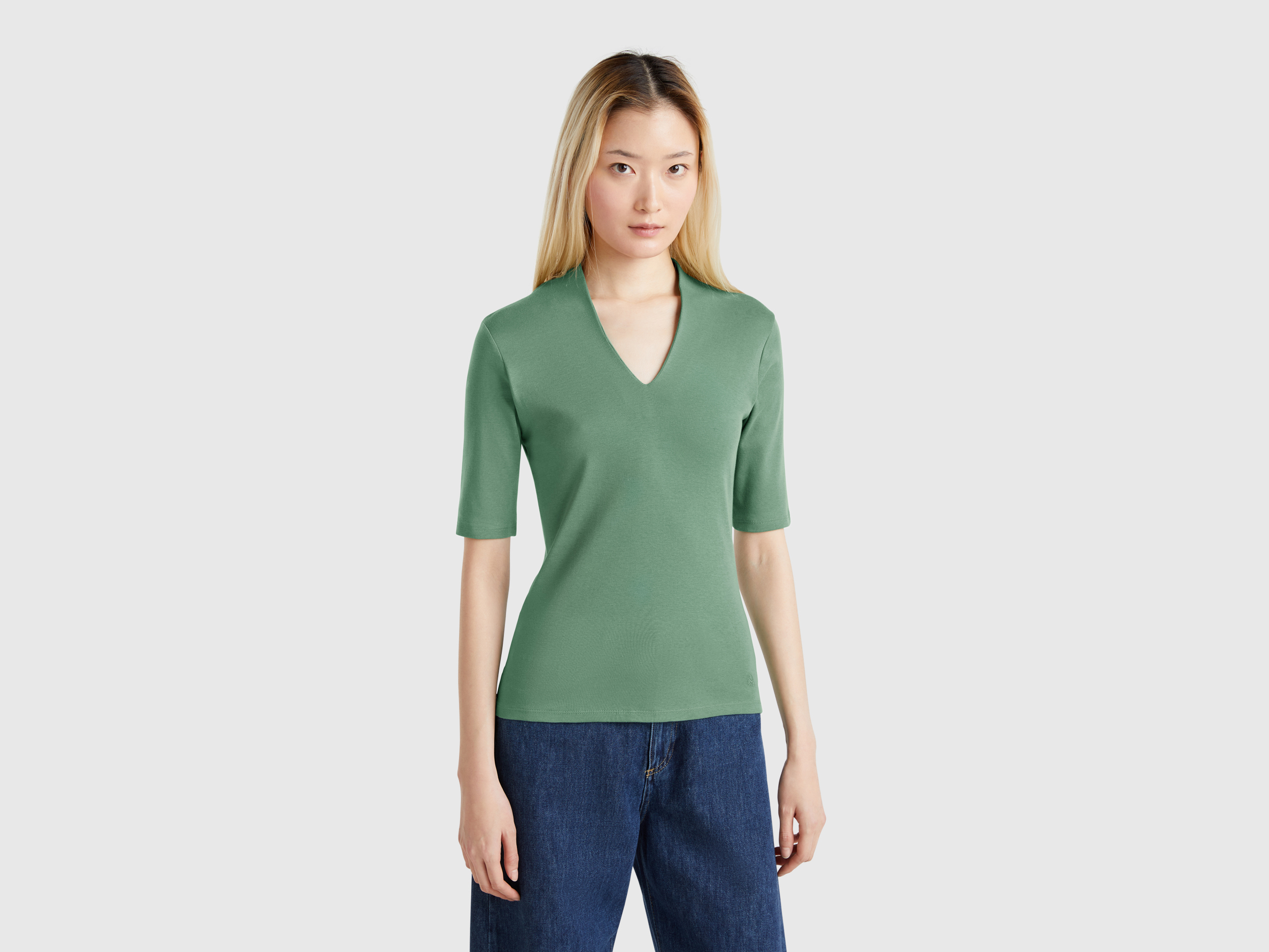  Benetton, Μπλούζα Slim Fit Από Βαμβακερό Μακριά Ίνα, size XXS, Πρασινο, Γυναικεία 2025