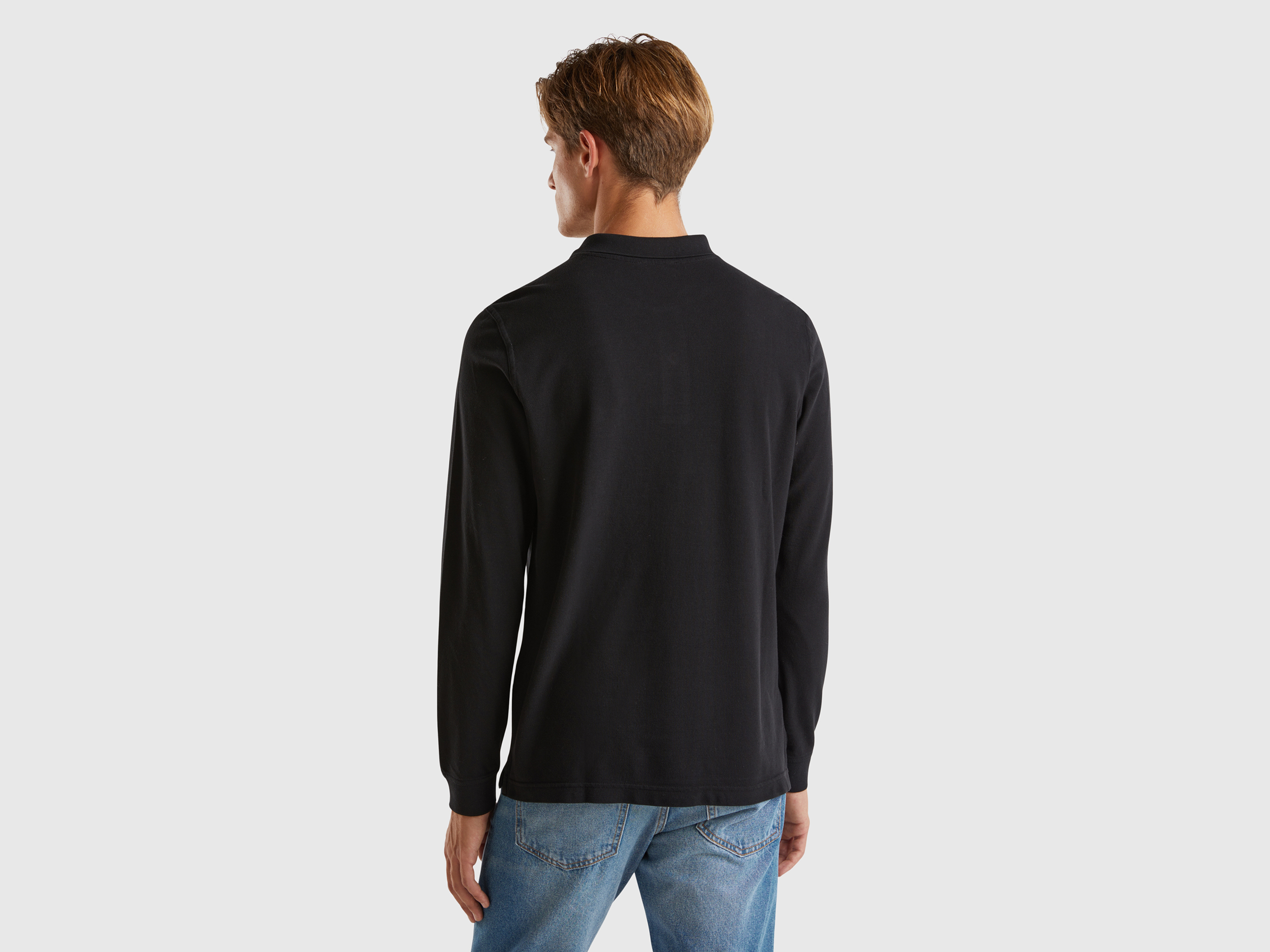 Benetton, Πόλο Μακρυμάνικο Από 100% Βαμβακερό, size XL, Μαυρο, Ανδρικά φωτογραφία