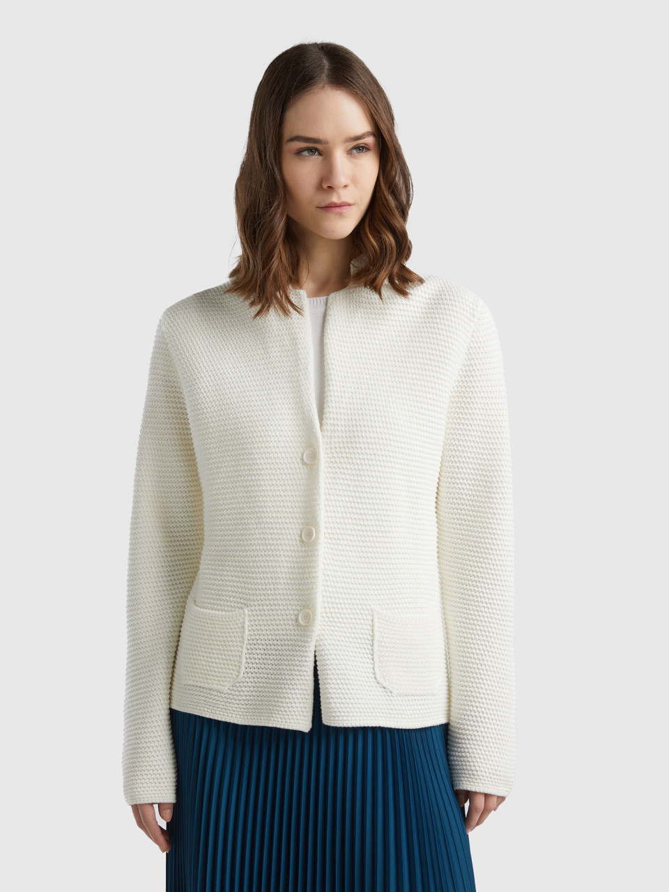 Benetton Online exclusive, 100% Cotton Knit Jacket, Creamy White, Women