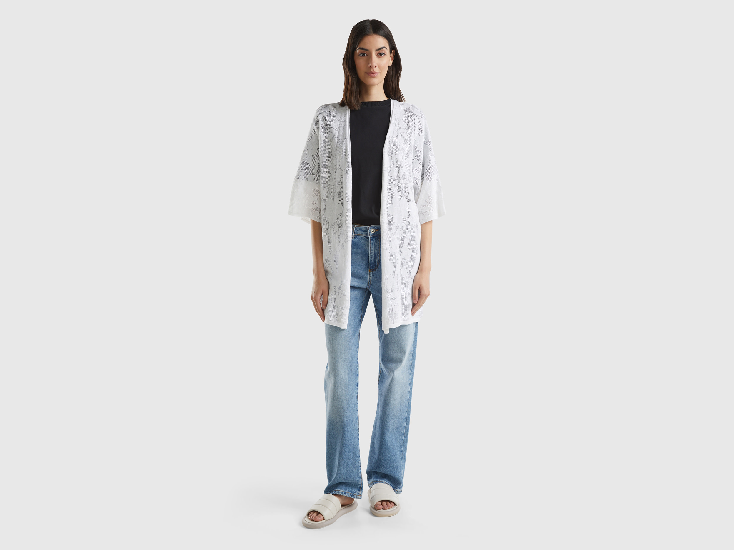 Benetton, Cardigan Lungo Con Motivo Fiori, Bianco, Donna