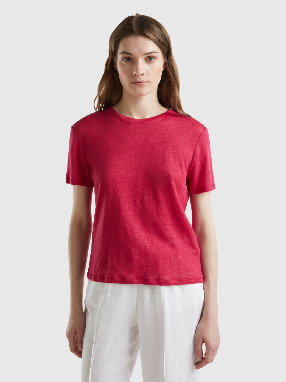 Benetton, Camiseta De Lino Puro Con Cuello Redondo, Ciclamen, Mujer