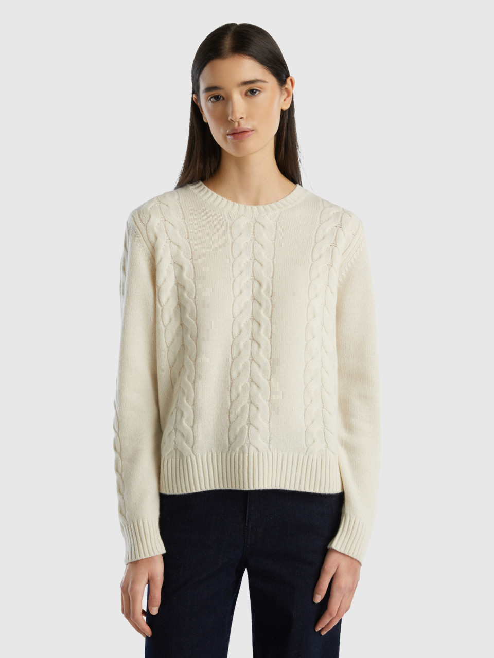 Benetton, Cable Knit Sweater In Pure Cashmere, Creamy White, Women