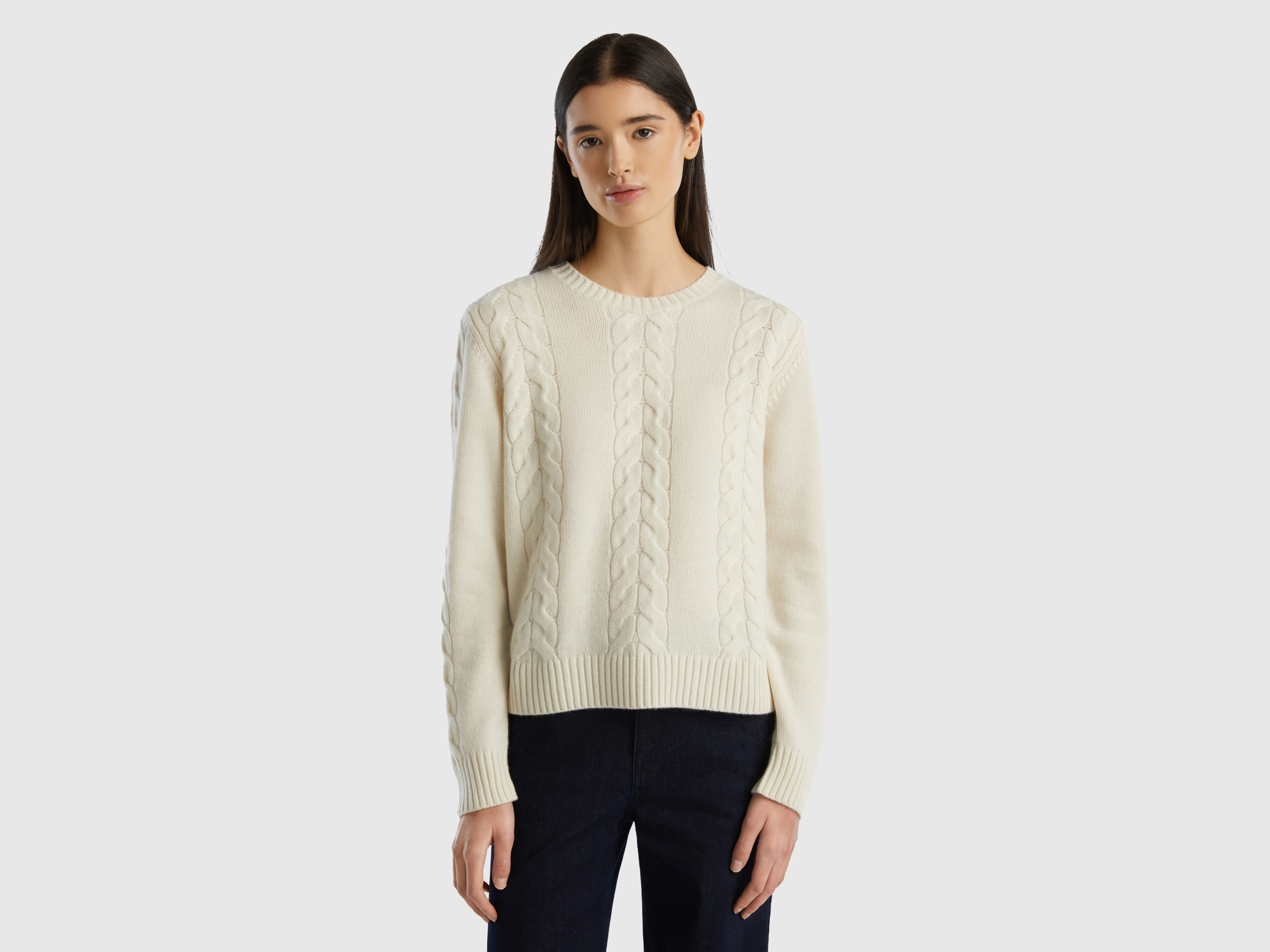 Benetton, Cable Knit Sweater In Pure Cashmere, size M, Creamy White, Women