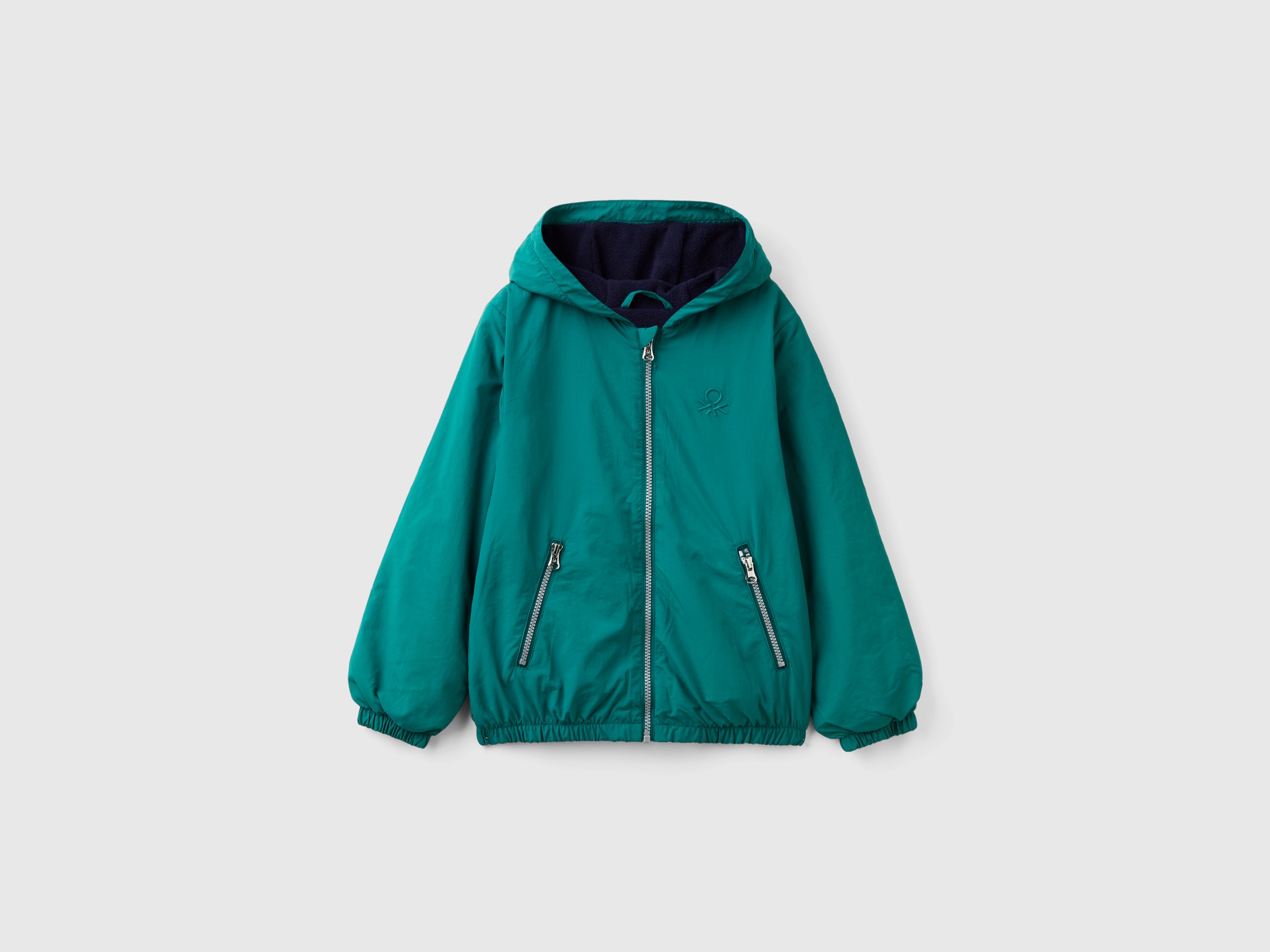 Benetton, Giubbino In Nylon Con Cappuccio, Verde Scuro, Bambini