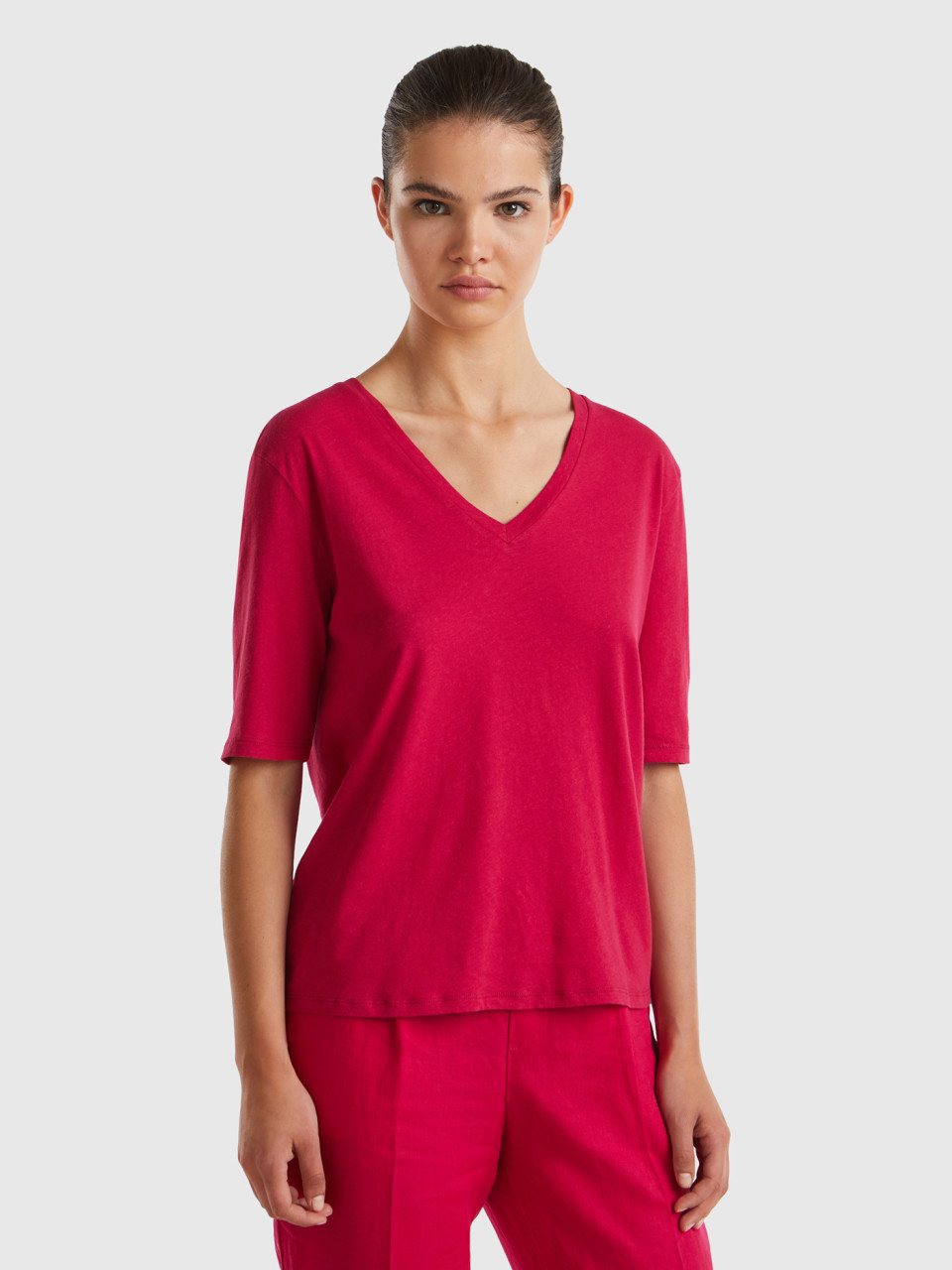 Benetton, T-shirt In Cotton And Linen Blend, Cyclamen, Women