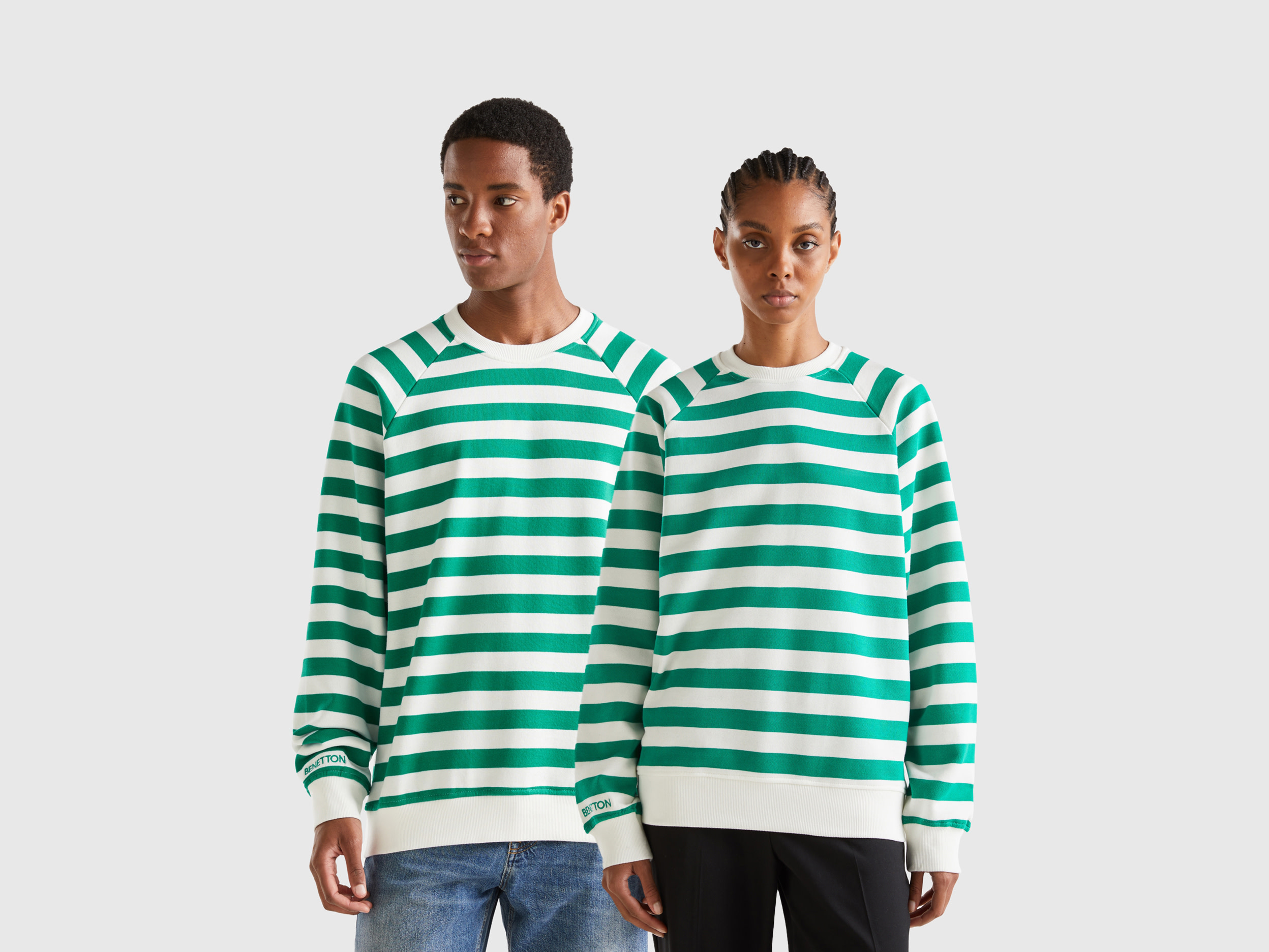 Benetton, White And Green Striped Sweatshirt, size M, Multi-color, Men