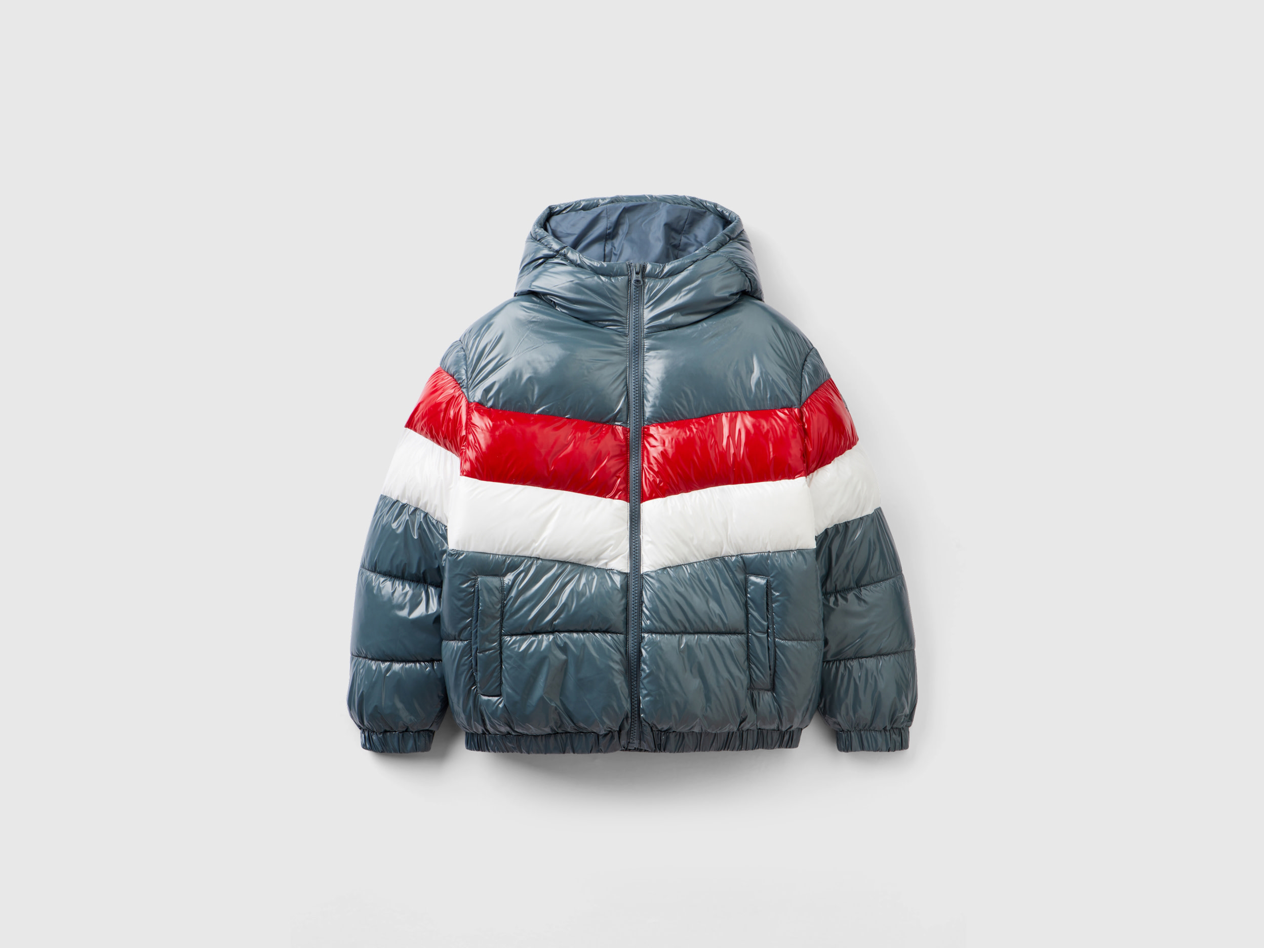 Benetton, Oversized Fit Color Block Padded Jacket, size S, Gray, Kids