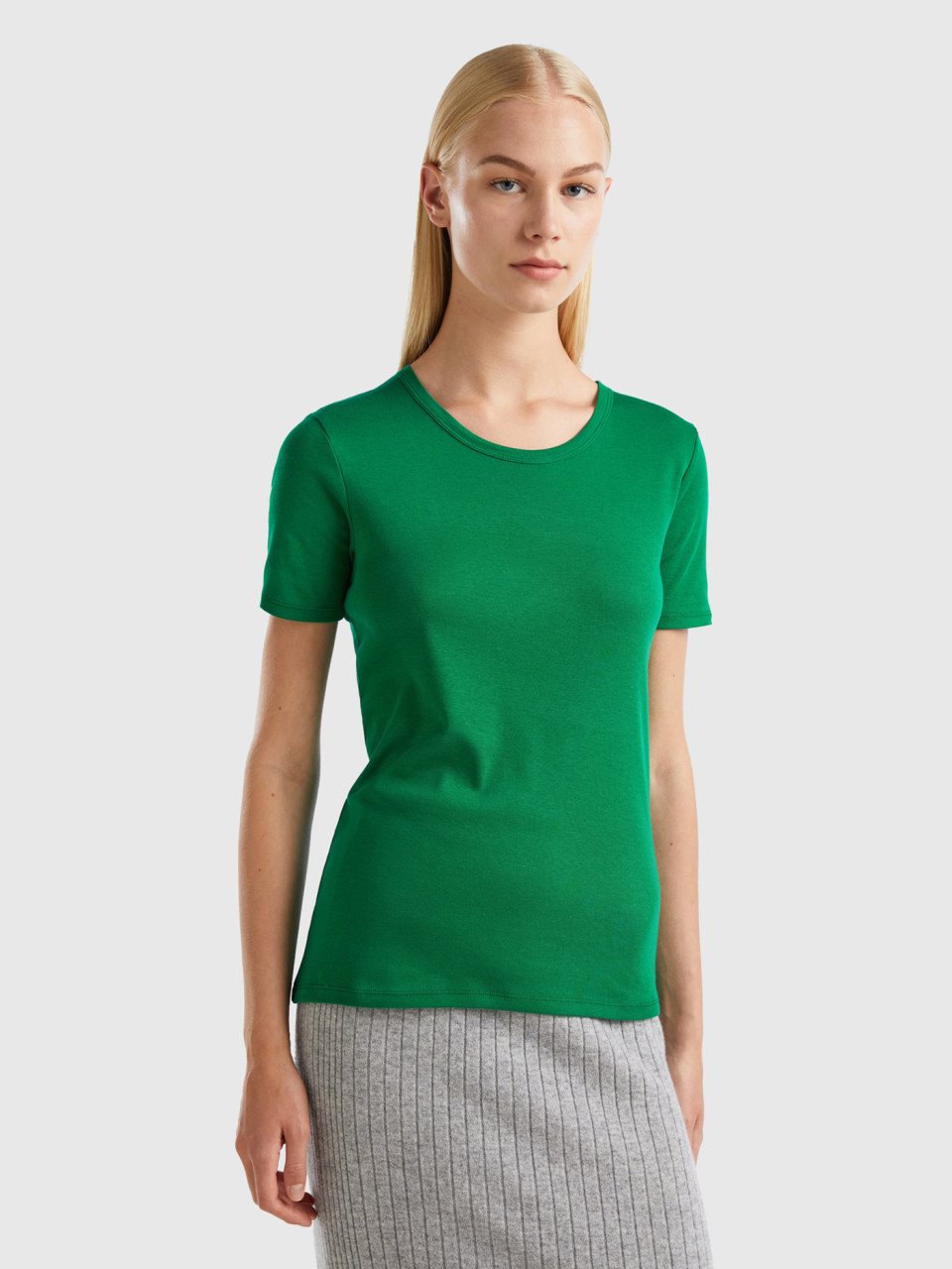 Benetton, T-shirt En Coton Longues Fibres, Vert, Femme