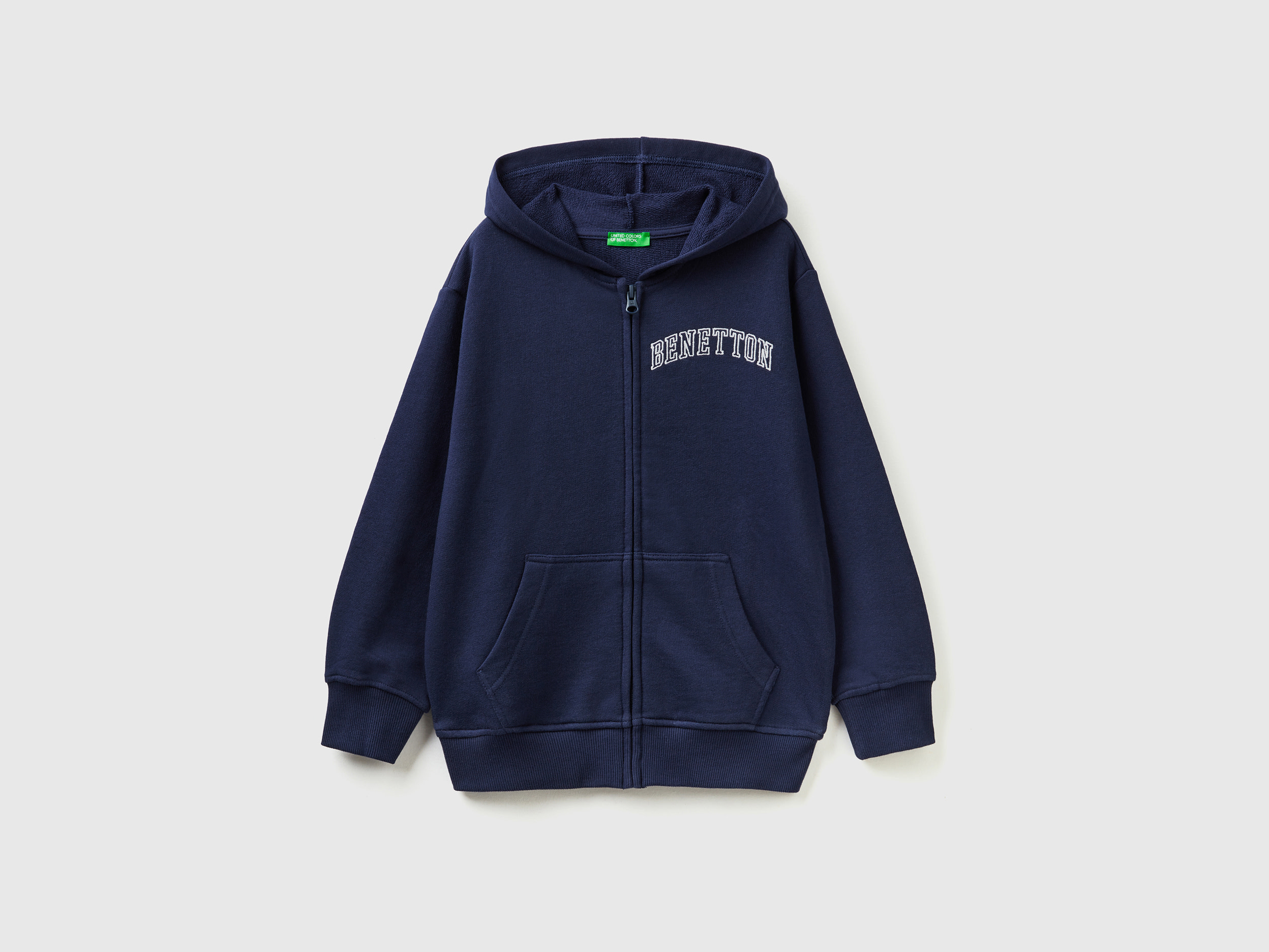 Benetton, Hoodie With Zip And Embroidered Logo, size M, Dark Blue, Kids