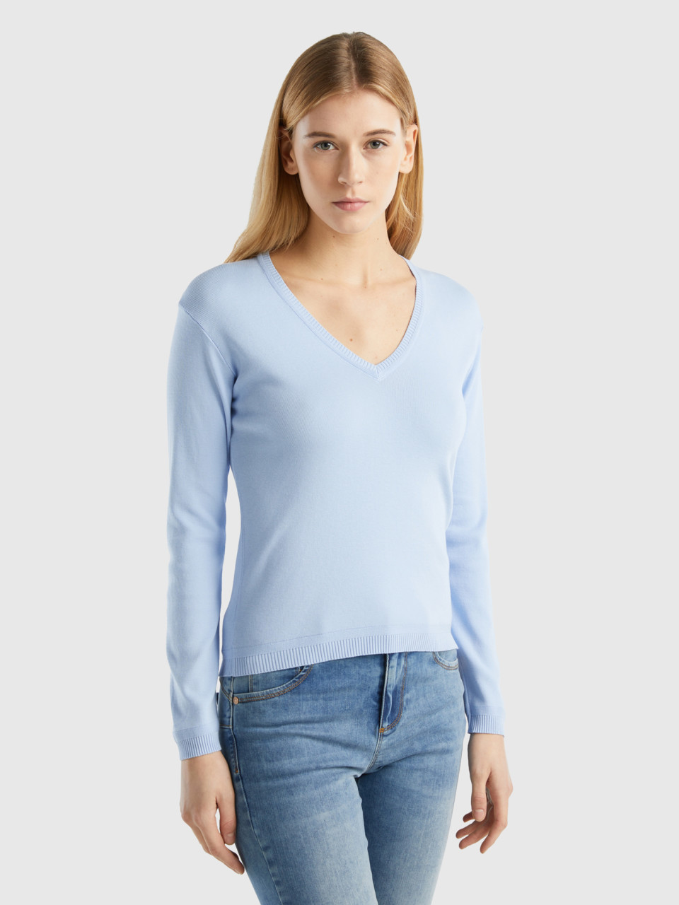 Benetton, V-neck Sweater In Pure Cotton, Sky Blue, Women