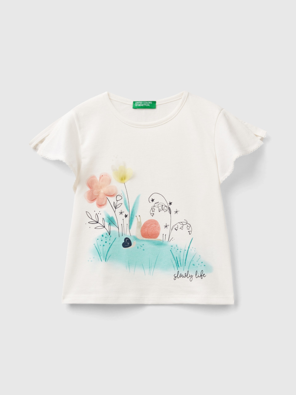 Benetton, T-shirt With Print And Tulle, Creamy White, Kids