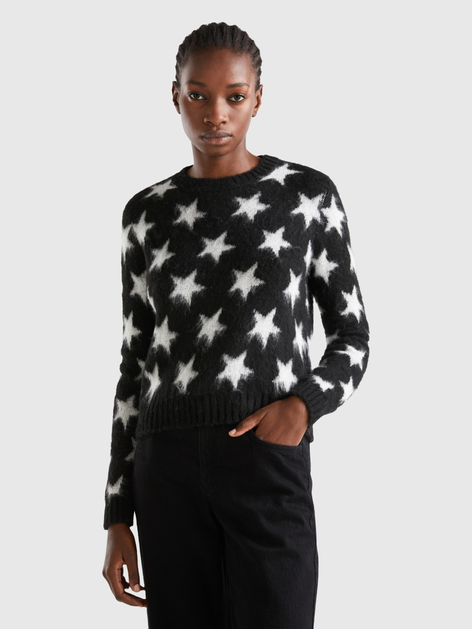 Benetton, Warm Sweater With Stars, Black, Women
