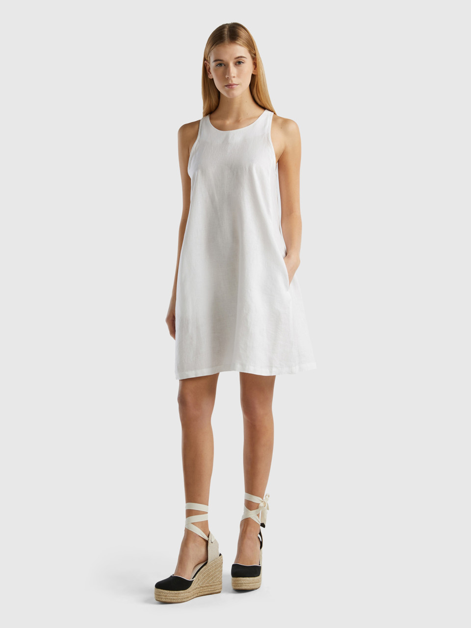 Benetton, Sleeveless Dress In Pure Linen, White, Women