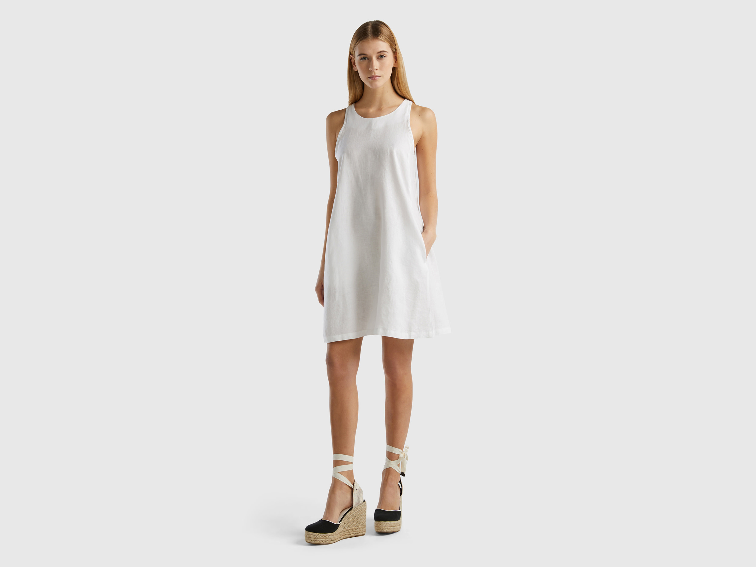 Benetton, Sleeveless Dress In Pure Linen, size S, White, Women