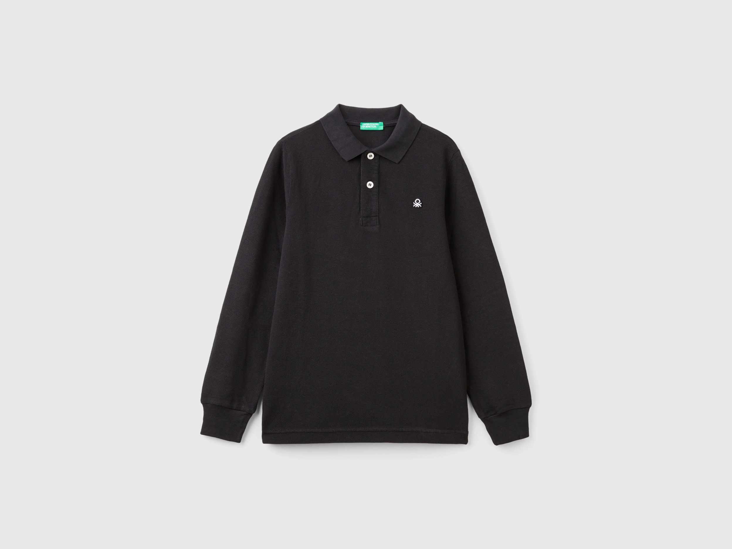 Benetton, Polo Manica Lunga 100% Cotone Bio, Nero, Bambini