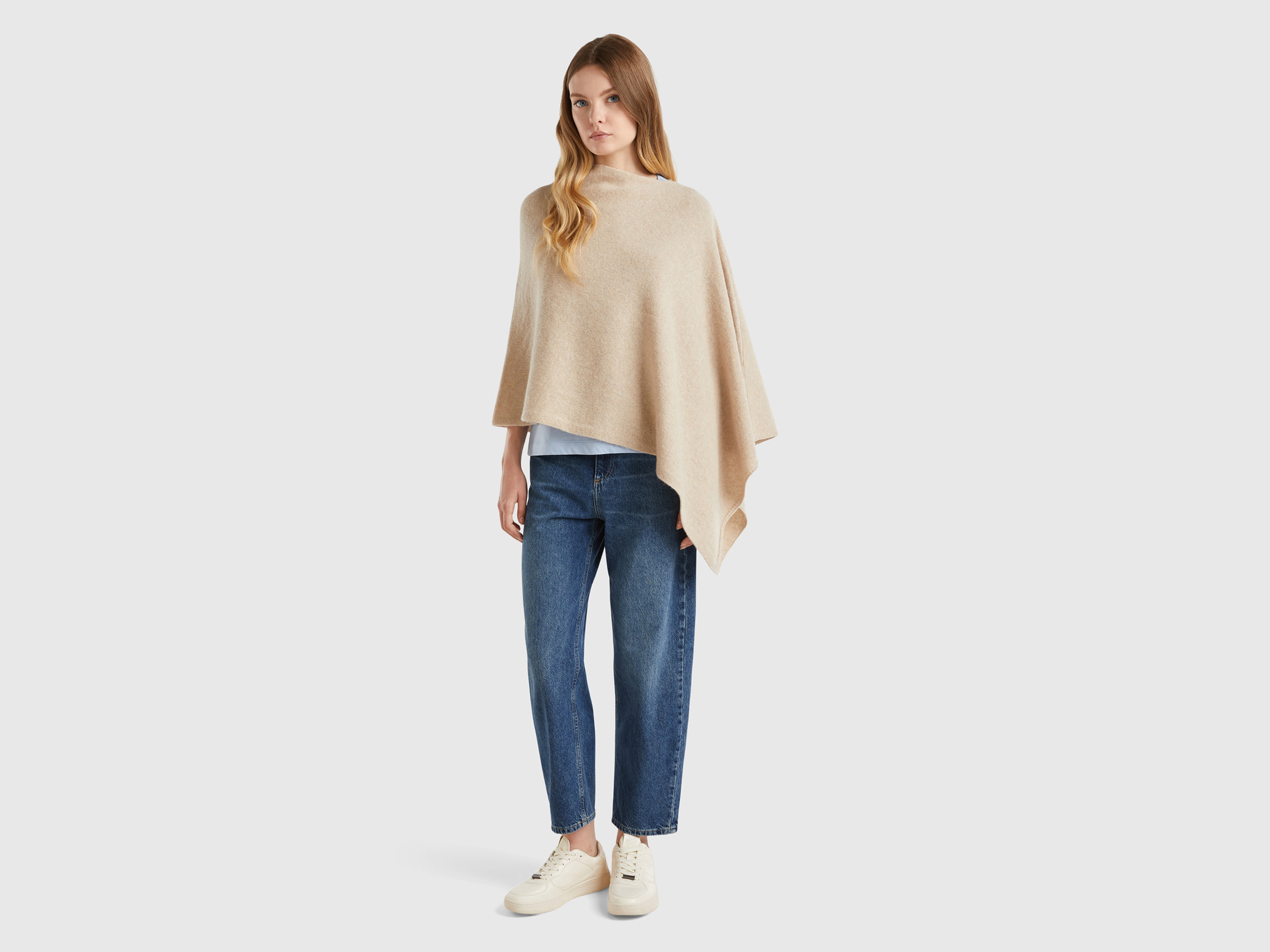 Benetton, Mantella In Pura Lana Shetland, Beige, Donna