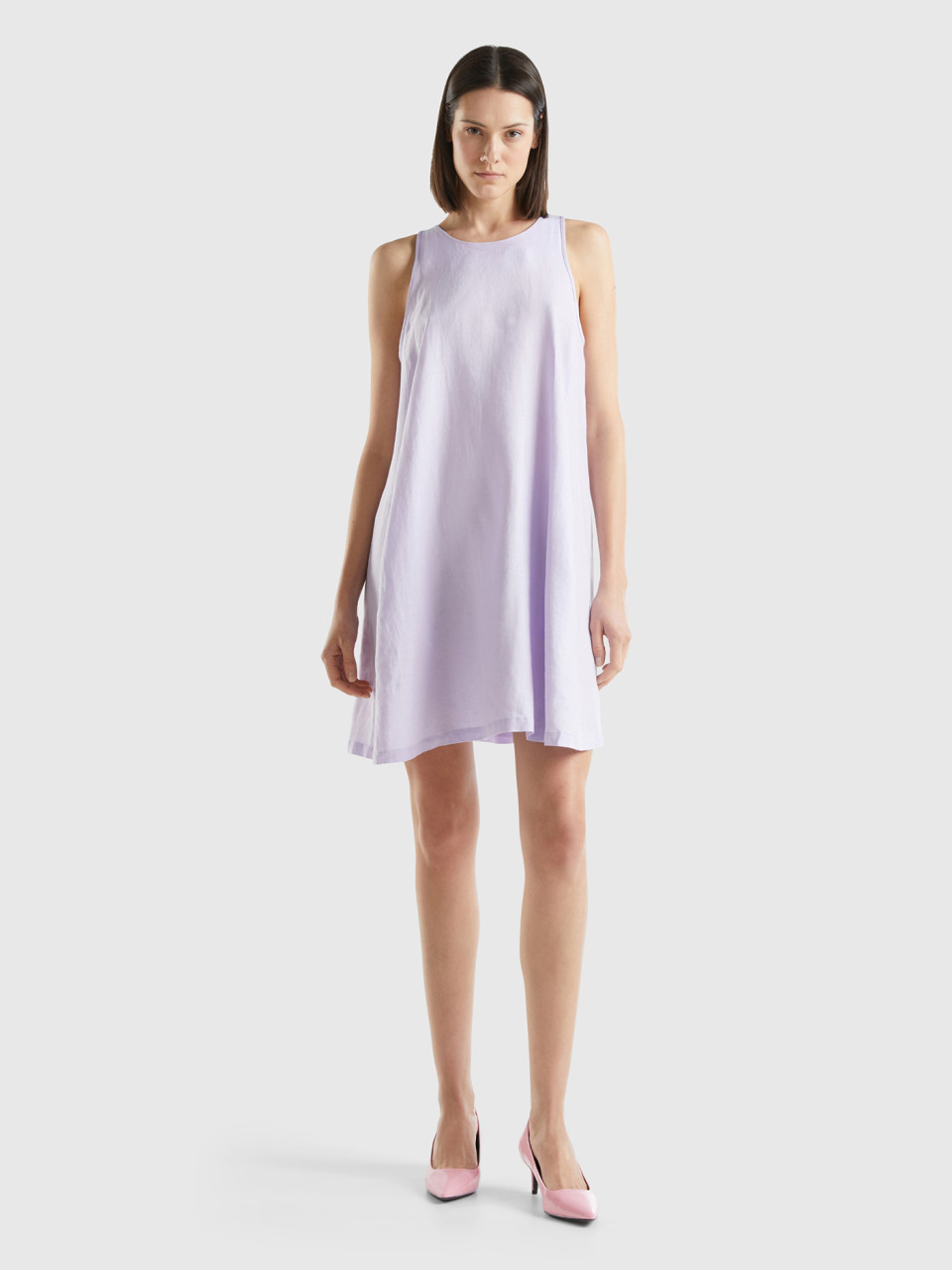 Benetton, Sleeveless Dress In Pure Linen, Lilac, Women
