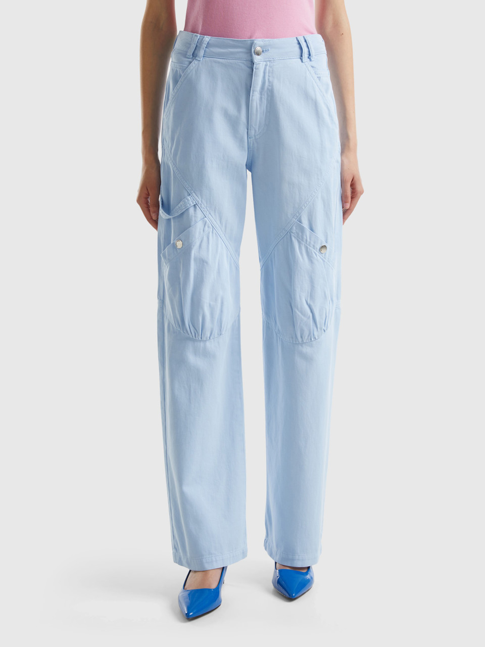 Benetton, Cargo Trousers In Cotton, Sky Blue, Women