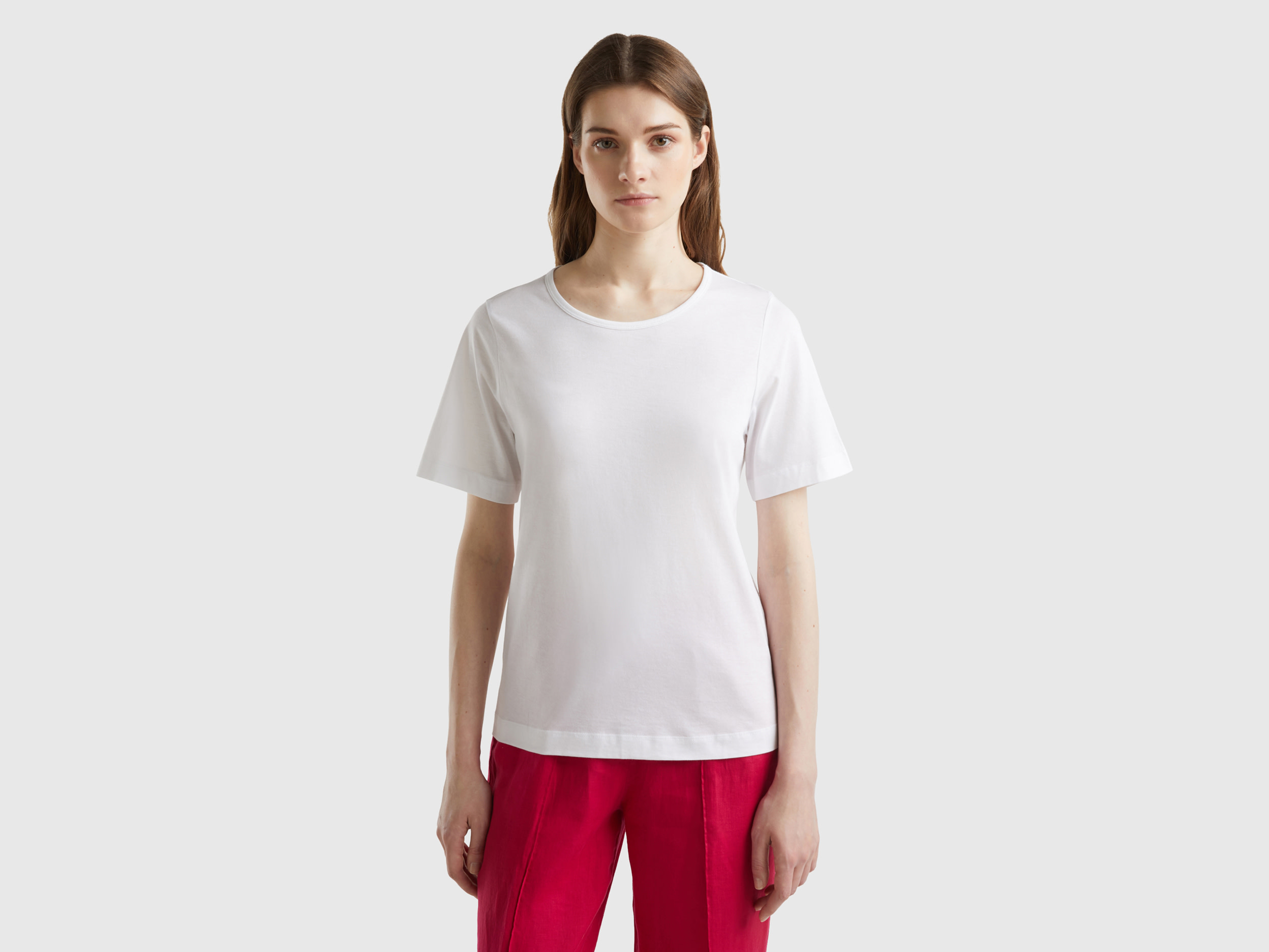 Benetton, T-shirt Bianca A Manica Corta, Bianco, Donna