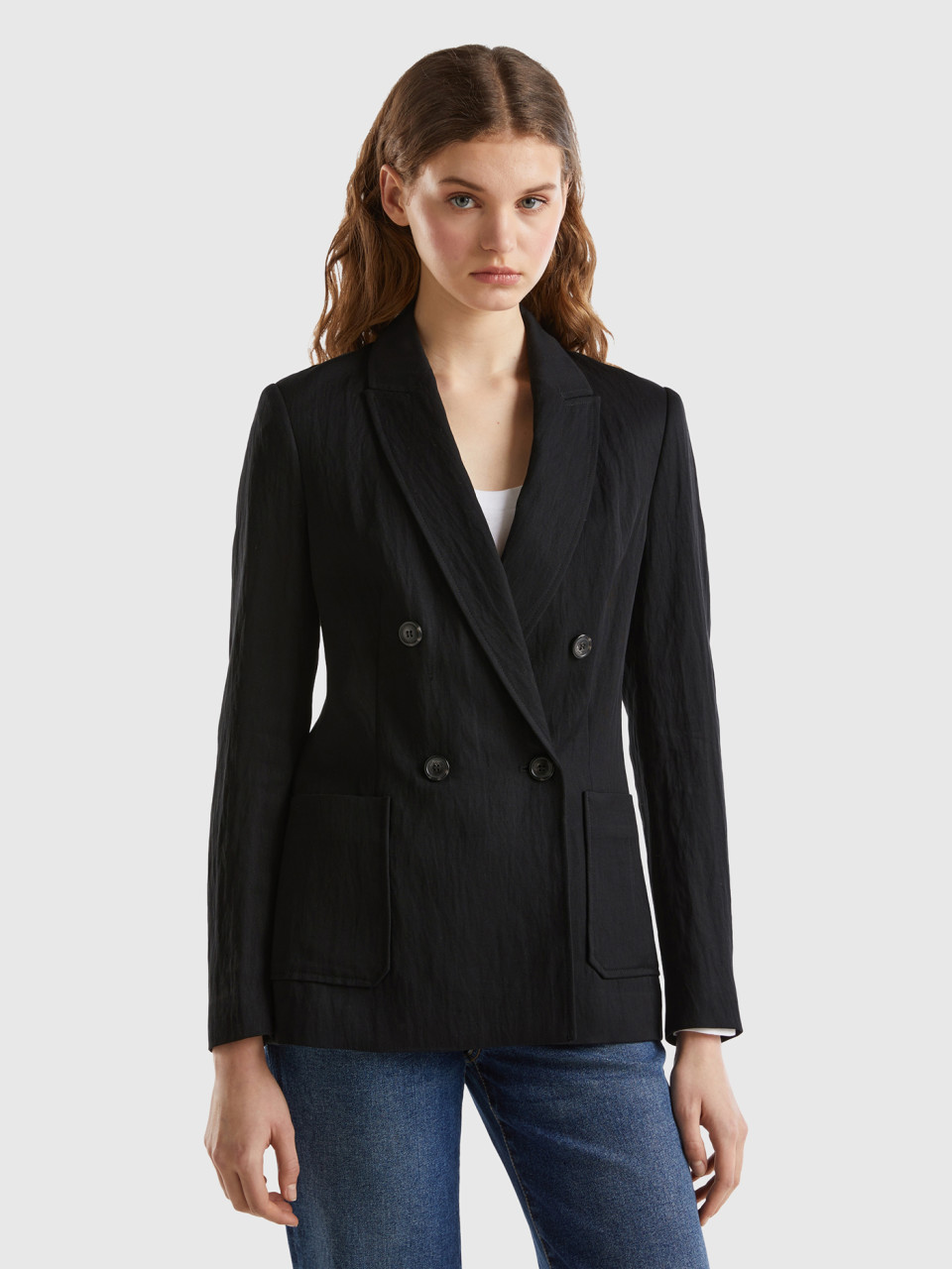 Benetton, Double-breasted Blazer In Sustainable Viscose Blend, Black, Women