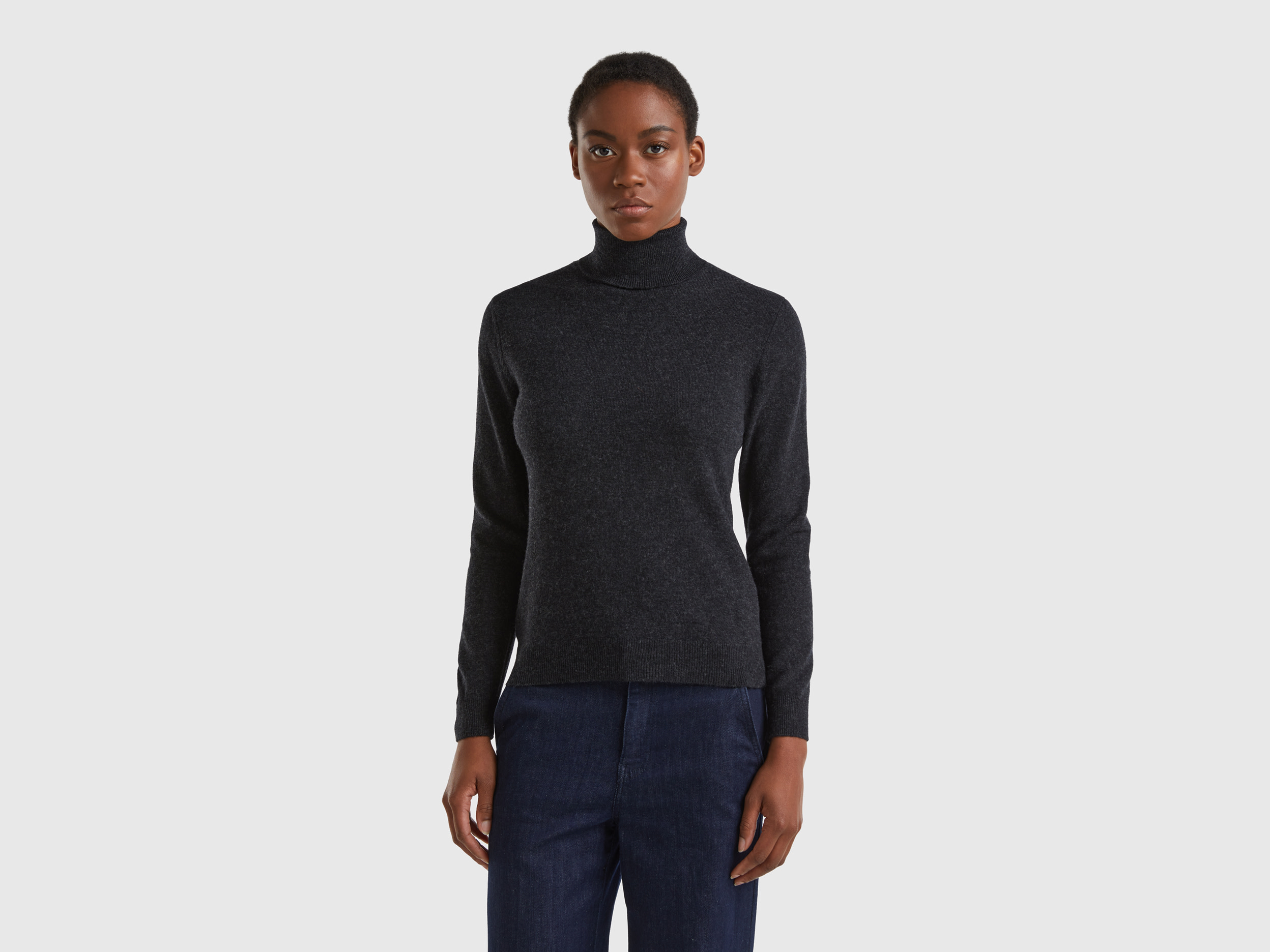 Benetton, Charcoal Gray Turtleneck Sweater In Pure Merino Wool, size S, Dark Gray, Women